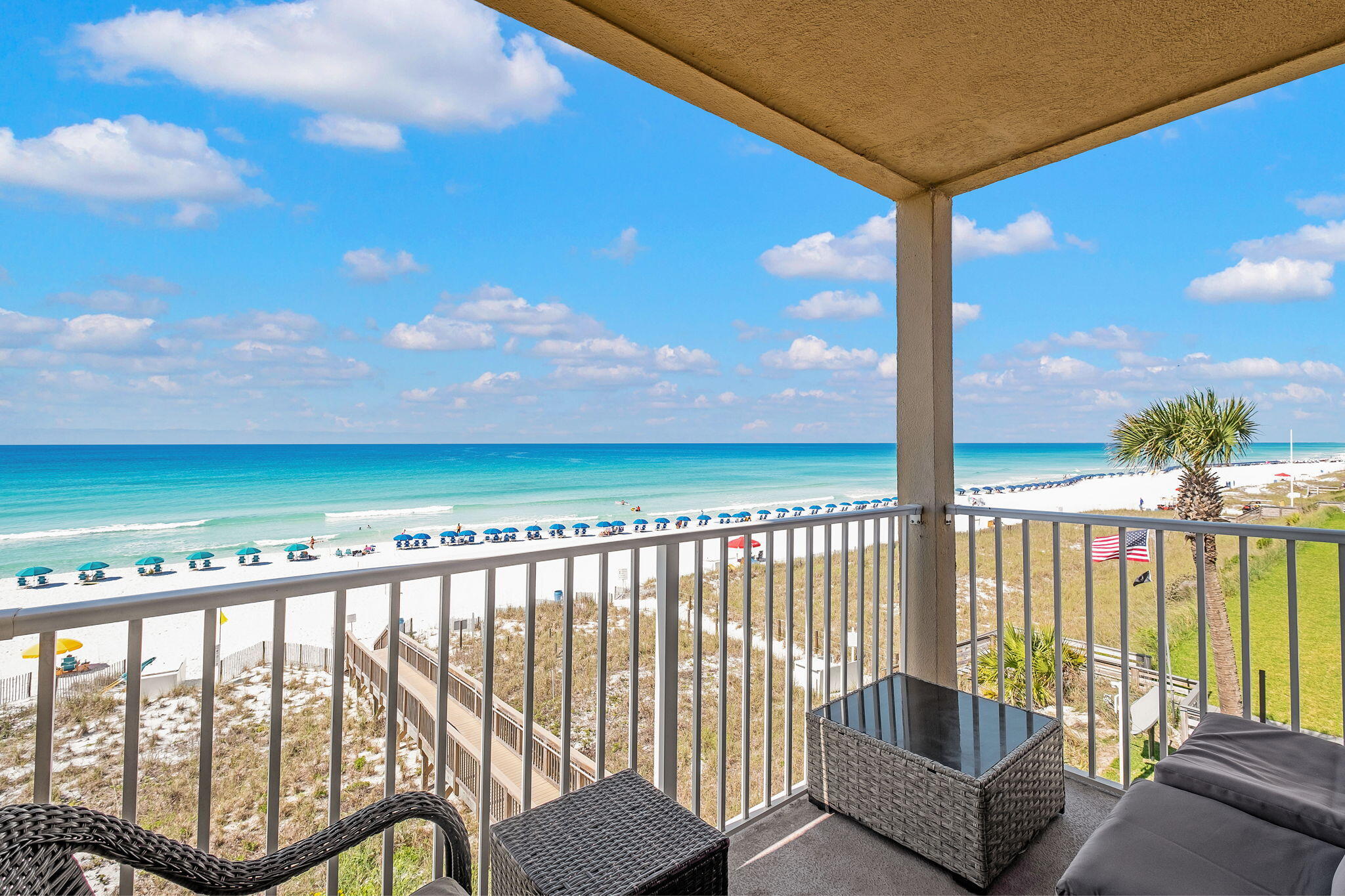 Sunsets, Sand, and No High-Rise Crowds! Welcome to your dream beach escape at Emerald Dunes in Crystal Beach. This bright, sun-drenched corner condo is all about easy coastal living. Being a corner unit means you enjoy extra windows that flood the home with natural light and perfectly frame those famous Florida sunsets.  Best of all, no one gets shortchanged on the scenery here; both bedrooms have beautiful coastal views.

Because Emerald Dunes is a low-density building with only 27 total units, it's just a quick, stroll from your door down to the soft, white sand.

The interior is move-in ready, fully furnished, turnkey, and optimized for guests with built-in bunk beds for extra sleeping capacity. The home features beautiful quartz countertops in both the kitchen and bathrooms, combining coastal style with effortless durability. You will also love the perfect location, putting you close to favorite local restaurants and shopping spots. Whether you are looking for a vacation rental, a relaxing second home, or your own permanent slice of paradise, this one is ready for you.