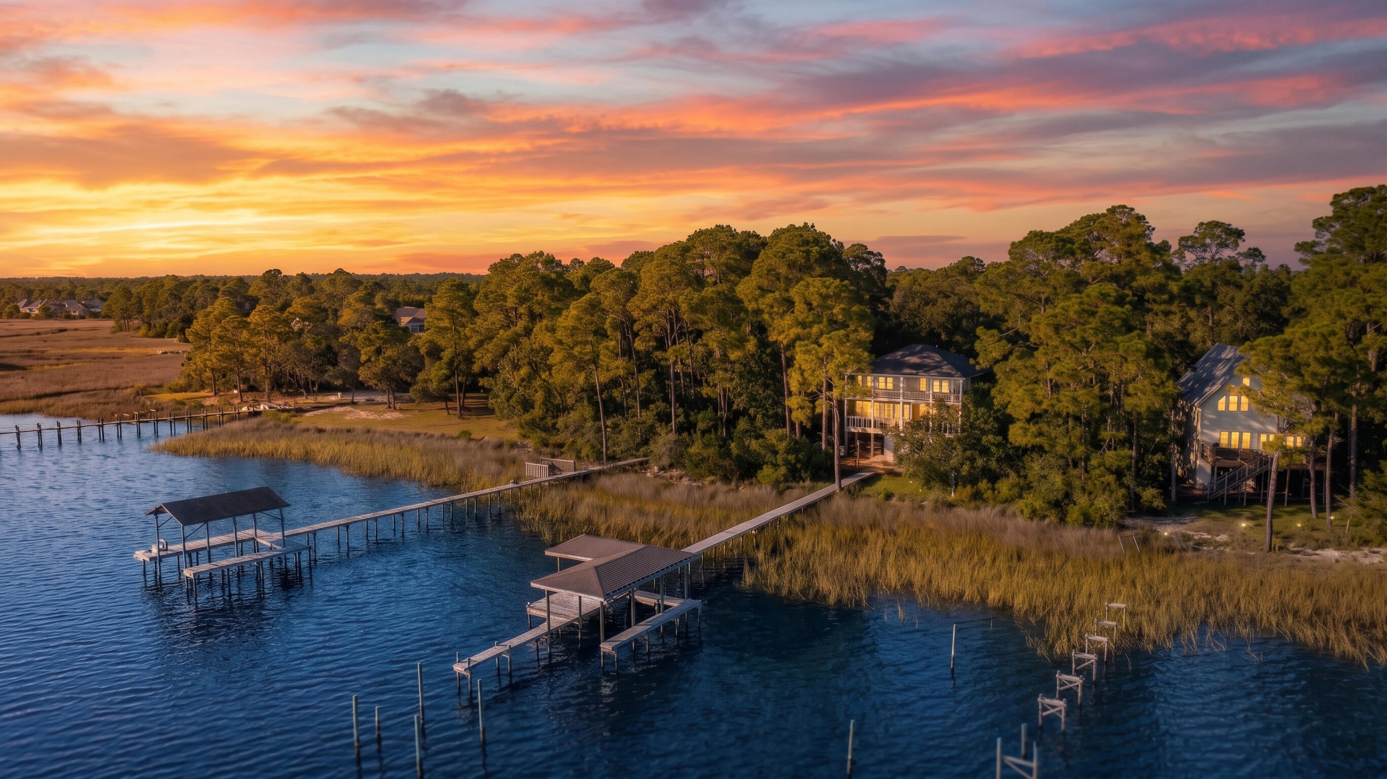 OPEN HOUSE this Saturday 09/12 from 12-2pm  ||  There's a version of Florida people chase for years and never quite find. It looks like this: a wall of open water out your back door, 112 feet of it, dolphins passing through some evenings, with nothing between you and the sunset but the tide. THIS is that version.

The dock does the heavy lifting here. Covered boat slip, a chain swing hanging off the edge for evenings when you're not in a hurry to go anywhere, and it was re-decked in 2025, so what looks good also holds up.

Then there's the part that's hard to find anywhere else: two massive covered balconies, stacked across two full levels, both with an unbroken water view. That's not a porch, that's an outdoor living room times two, rain or shine, with the bay doing all the decorating. There's a hot tub too, for the nights the bay air gets a little cool and you're not quite ready to head inside.

The house sits high up on pylons, which means when everyone else is nervously watching the weather app during storm season, you're not. The property flooded during both Ivan and Sally, and stayed dry inside both times, so that's not a guess, that's a track record. Hurricane rated tempered glass, exterior cameras, and motion detection cover the rest. There's also a 1,000 lb. rated lift running to all three levels, doing double duty as a utility hauler and a disability lift, so this isn't a house you age out of or have to explain to family who can't do stairs. Built in 2002 and clearly cared for since. Roof was replaced in 2021, the carport soffit and subfloor got upgraded in 2025, the back staircase has been rebuilt, and the foundation's been reinforced twice to keep everything level. None of that is glamorous, but it's the kind of stuff that saves you money and headaches down the road. A portion of the lot sits under a conservation easement, which keeps a natural, wooded buffer along part of the property, good for privacy and good for the shoreline.

No HOA here, nobody telling you what color to paint your dock or when you can have people over. Short-term rentals are allowed too, so if you're not using it every week, someone else can be astounded at the view. Quiet street, end of the road, tucked into the trees, but still only 15 minutes to the beach or I-10, and about 40 minutes to Fort Walton or Pensacola.

Real water, real sunsets, and the kind of evenings people move to Florida for in the first place. Call or text the listing agent today to schedule a tour.
