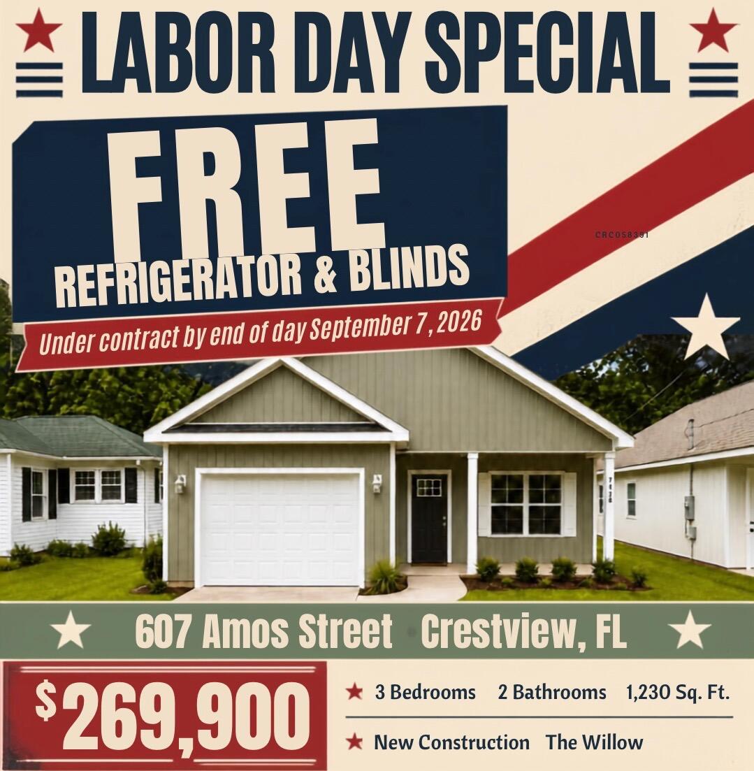 LIMITED-TIME BONUS - FREE REFRIGERATOR & BLINDS if under contract by the end of the day September 7th! Welcome to 'The Willow' - one of this local builder's most popular floor plans! This beautiful 3-bedroom, 2-bathroom home is currently being built on a desirable corner lot in one of Crestview's fastest-growing areas. Surrounded by mature trees & featuring approximately 18' mature camellia trees, the property offers a beautiful setting with established shade & curb appeal. Scheduled for completion by October 1st. The Willow offers a thoughtfully designed open-concept floor plan with a spacious living area, granite countertops, a large kitchen island, oversized walk-in pantry, durable LVP flooring, utility/mud room, spacious garage & covered front & back porches. The private primary suite provides a comfortable retreat with a double vanity, generous walk-in closet & plenty of space to unwind. Every detail is designed with both style & everyday living in mind.  This home is crafted by one of the area's most respected builders, showcasing generations of pride & quality in every detail, inside & out. Yet, this level of craftsmanship comes at a competitive price, making it an exceptional value in today's market. Seller is offering a $15,000 buyer credit toward allowable closing costs, prepaids, and/or rate buy-down with lender approval. PHOTOS ARE OF A SIMILAR SOLD HOME. COLORS, FINISHES, FIXTURES, AND SELECTIONS WILL VARY.