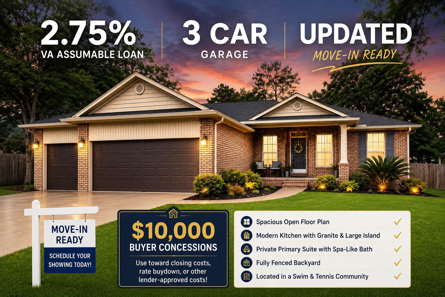 $10,000 BUYER INCENTIVE + RARE 2.75% VA ASSUMABLE LOAN!Welcome to 3013 Crown Creek Circle, where exceptional value, comfort, and style come together in one beautifully maintained home. The seller is offering $10,000 in buyer concessions that can be used toward closing costs, prepaid expenses, an interest rate buy-down, or other lender-approved costs, helping make homeownership more affordable. Qualified buyers may also take advantage of a rare 2.75% VA assumable loan, offering significant monthly savings compared to today's market rates. Nestled within one of Crestview's highly sought-after Swim and Tennis communities, this stunning 4-bedroom, 2.5-bath home with a spacious 3-car garage offers the perfect blend of elegance, functionality, and everyday comfort. From the moment you step inside, you'll be welcomed by an expansive open-concept floor plan filled with natural light, soaring ceilings, crown molding, and beautiful luxury vinyl plank flooring throughout. Designed with both entertaining and daily living in mind, the heart of the home is the impressive chef's kitchen featuring granite countertops, an oversized island, stainless steel appliances, abundant cabinetry, and a stylish wine bar that makes hosting effortless. The spacious formal dining room provides the perfect setting for holiday gatherings and special occasions, while the open living area creates a warm and inviting space to relax and make lasting memories. The private primary suite serves as a true retreat, featuring elegant tray ceilings, dual walk-in closets, double vanities, a relaxing garden tub, and an oversized multi-head walk-in shower that delivers a spa-like experience right at home. The additional bedrooms are thoughtfully situated on the opposite side of the home, providing privacy and comfort for guests, along with a full bath and convenient half bath. Step outside to your fully privacy-fenced backyard, where the covered patio and yard create the ideal space for morning coffee, summer barbecues, or peaceful evenings under the stars. The oversized laundry room leads to the spacious three-car garage complete with custom shelving that conveys with the sale, providing exceptional storage and organization. With $10,000 buyer incentive, and an assumable 2.75% VA loan, this home offers a combination of features and financial advantages that are increasingly difficult to find in today's market.