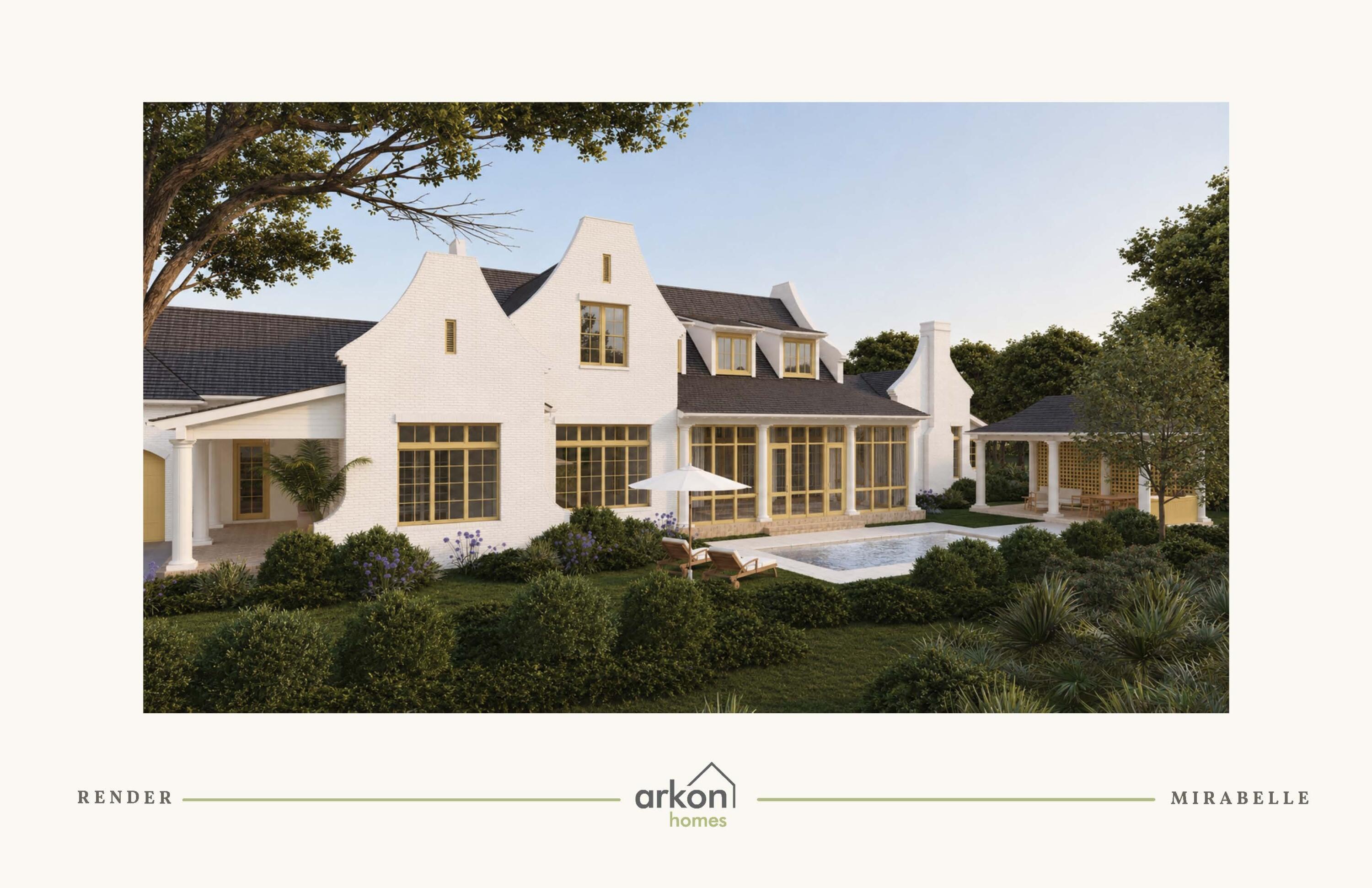 The Mirabelle brings a distinctive architectural presence to Lafayette Park, with whitewashed brick, layered rooflines, prominent gables and dormers creating the character of a home designed to feel established from the start. Set on a 75' x 164' x 75' x 167' corner homesite, this 4,670-square-foot residence offers five bedrooms, five full baths, one half bath and a three-car garage and private pool, with an estimated completion of July 2027.

Inside, the two-story plan unfolds around generous gathering spaces and a natural connection between the kitchen, living room and outdoor areas. The kitchen anchors the center of the home with a substantial island, stained white oak inset cabinetry, stacked uppers and quartz countertops, complemented by a walk-in pantry and separate scullery with sink. A dedicated dining room sits just beyond, while slider doors extend the living room directly onto the screened rear porch. Overhead, 12'+ ceilings and a tongue-and-V-groove ceiling with European white oak-stained beams bring warmth and scale to the main living area, joined by a wood-burning fireplace with gas logs, Venetian plaster chimney and stone surround.

The first-floor primary suite is positioned privately at the rear of the home and includes its own gas fireplace, a large walk-in closet with built-in shelving and direct access to the laundry room. The primary bath features dual vanities, a freestanding tub, separate water closet and frameless glass shower. At the opposite end of the first floor, a guest suite with ensuite bath and walk-in closet creates meaningful separation for visitors, while a dedicated office near the foyer provides a quiet workspace away from the main living areas.

Upstairs, three additional guest suites-each with an ensuite bath-surround a central den that serves as a secondary gathering space. A built-in desk area adds functionality to the den, Bedroom 3 incorporates an additional built-in desk, and a second laundry room makes the upper level especially practical for family and guests.

Outdoor living continues the scale of the interior. The expansive screened porch spans the rear living area and opens toward the 26'x12' heated pool and paver deck, creating an easy progression from living room to porch to pool. Prewired speakers in both the living room and rear porch, a gas grill stub and fenced rear yard support everyday outdoor use without allowing the pool itself to become the entire story.

The three-car garage is finished with an epoxy floor and includes an EV plug and dedicated refrigerator outlet. Above it, a conditioned interior stairwell leads to substantial unfinished walk-in storage with plywood flooring-valuable usable storage while preserving the Mirabelle's elevated roofline and architectural composition. *Option to add a 526 sf Carriage House above the garage that includes, 1 bedroom, 1 bathroom, a kitchenette and sitting area with a Juliet balcony accessed by French doors.

Located within Lafayette Park in Origins West at Watersound Origins®, residents enjoy access to the Origins Golf Course , Village Commons, community pool, fitness center, tennis and pickleball courts, sports courts, walking and biking trails, and convenient access to shopping, dining and services at Watersound® Town Center.