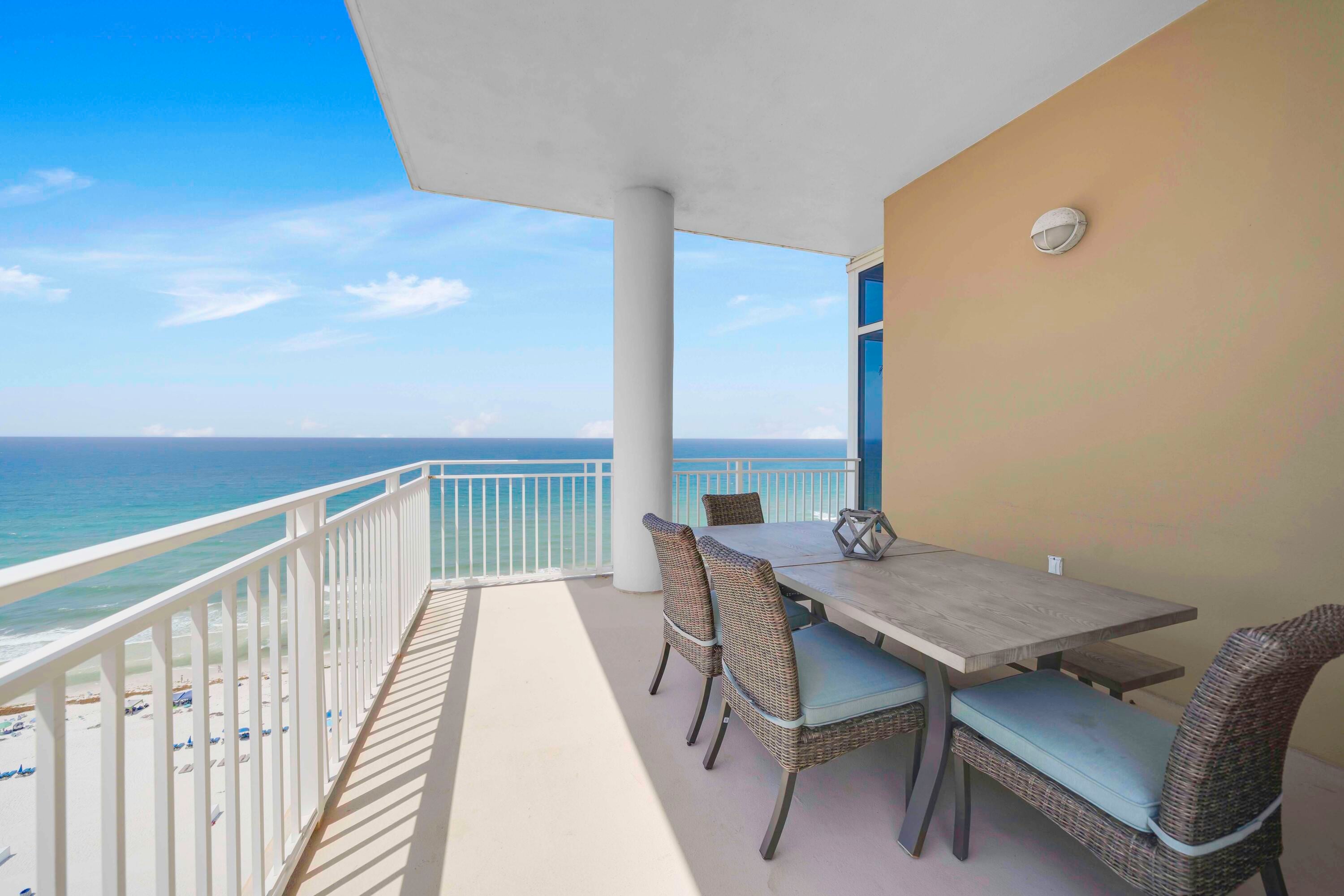 Welcome to Sterling Beach Unit 1601, a luxurious Gulf front retreat where panoramic views of the Gulf of Mexico create a stunning backdrop for the coastal life. From the moment you enter this condominium, floor to ceiling windows will take your breath away with sweeping views of emerald waters and sandy white beaches. This highly desirable 16th floor condominium is the perfect height to take full advantage of gorgeous beach views by day and incredible sunsets in the evening. The living and dining area have soaring 12-foot ceilings and views of The World's Most Beautiful Beaches pour through into the unit, illuminating the spacious living area complete with fireplace. This coastal residence features an open floor plan and offers two master suites with gulf views, each with spa inspired baths featuring jacuzzi tubs, separate showers, and double vanities. With three bedrooms and three full baths, and approximately 2300 sq. ft. of living space, there's room for everyone to gather together for entertainment or retreat to relax in privacy. This condominium features two private balconies situated to provide the perfect vantage point for sunrise or sunset views of the Gulf and the Lagoon. Sterling Beach offers unlimited resort amenities including an expansive Gulf front pool, jacuzzi, fitness center, grilling area, community room, onsite theatre and 350 feet of sugar white sand beach. This turnkey property is beachfront living at its finest - make this your new home at the beach or