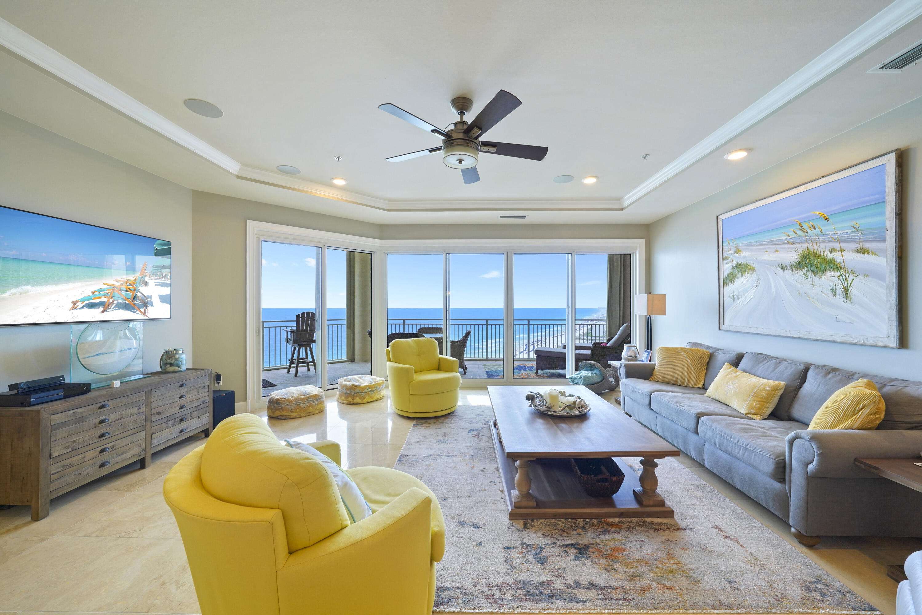 Welcome to an exceptional 16th floor Villa at Grand Dunes South Tower, offering stunning, unobstructed Gulf views. This luxurious 3 bedroom, 3 bath Villa spans approximately 2,500 square feet and showcases panoramic views of South Walton's iconic sugar-white sands and emerald waters. Notably, this Villa offers the largest floor plan available among the three-bedroom residences. Your experience begins as a semi private elevator opens into a personal and inviting entryway, setting a sophisticated tone for the elegance found within. Offered furnished and move-in ready, this Villa features timeless honed and polished Travertine flooring alongside durable scratch resistant granite countertops and bar. The kitchen is a true culinary retreat, featuring soft close cabinetry and a suite of premium stainless steel appliances. Thoughtfully designed for the home chef, it includes a five burner natural gas cooktop, GE Profile double ovens, an updated refrigerator, and a KitchenAid ice maker for effortless entertaining.

The open living area is bathed in natural light from expansive floor-to-ceiling windows that frame breathtaking Gulf views. Soaring 9.5 foot ceilings, recessed lighting, and solid wood doors enhance the sense of space and quality throughout the home.

The Primary Suite is a peaceful retreat, offering Gulf views, tray and coffered ceilings, refined furnishings, and generous walk-in closets. The spa-inspired Primary Bath features dual vanities with custom granite countertops, beautifully crafted cabinetry, a jetted soaking tub, a dual-head shower, and a private water closet.

Additional highlights include a well-appointed laundry room with washer and dryer, custom builtin cabinetry, utility sink, custom-sized, cordless motorized blackout roller shades in the Primary Suite and Gulf front bedroom, and a recently replaced Hot Water Heater (2019) and HVAC with humidity control system (2025) for added peace of mind.

Outdoor living is elevated on the expansive Gulf front balcony, measuring approximately 350 square feet with an impressive 11 foot depth. This inviting space includes a built-in natural gas grill, stylish outdoor furnishings, and hurricane shutters ideal for enjoying coastal sunsets and ocean breezes year round.

Grand Dunes boasts exceptional amenities: ultra-quiet interiors, semi-private elevators, 24-hour security, gated entry, lush landscaping, two levels of gated underground parking, a private heated pool, an Owner's Lounge with Fitness Room, guest suites, 200' of deeded beach, a Gulf-front lagoon-style pool with a sparkling waterfall, and premium beach service.

Grand Dunes is the "Emerald Coast's Most Desired Rental Restricted Beachfront Development"

Call us today to set up your private viewing of this beautiful Villa today!