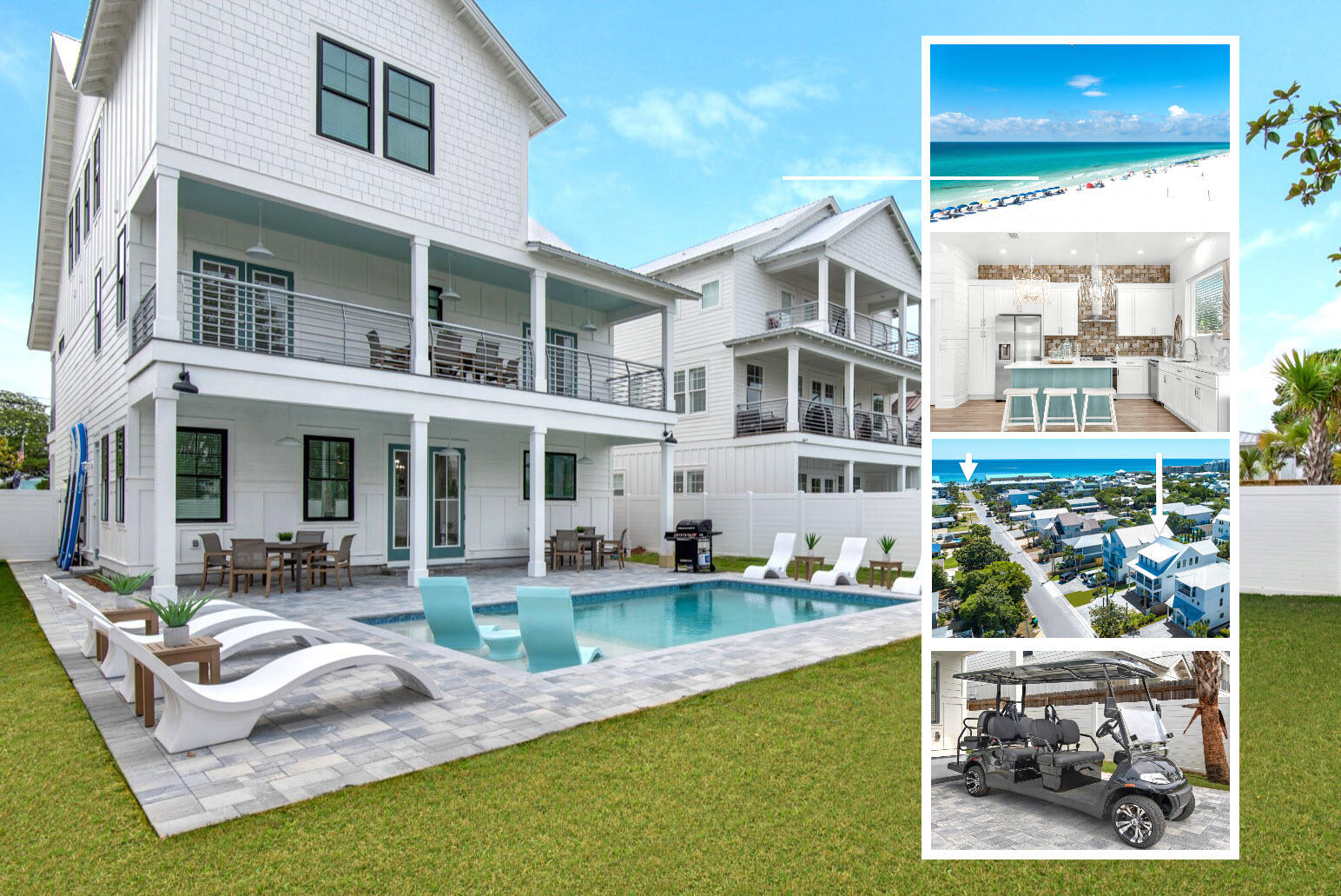 Short term rental powerhouse featuring a new designer-grade home with 8 bedrooms each with private baths, three separate living spaces, private seasonally heated pool with splash deck, and massive 19 person sleeping capacity to maximize revenue.

Designer furnishings, professional photography and full inventory to convey for immediate revenue generation.

Only 528 feet from beach access ensures high occupancy. Includes a free six-seater golf cart, grill, and two paddleboards for added guest appeal.

Designed from the ground up to ensure easy, low cost maintenance and best possible yield.

Do an Internet search on Legacy Beach Homes of Destin, Florida to view real time calendars in order to determine availability for showings. Seller is listing over $100 million worth of properties from their portfolio (35 large STRs in the Destin/Miramar/30A area with an average appraisal value of slightly over $3M each.).

Seller is only selling 10% of the portfolio.  Seller will withdraw this and/or any other remaining listings once the first  $10 million (approximately)  in sales have been achieved.

Seller (Equisource Holdings dba Legacy Beach Homes) does not disclose property-level rental revenue data. Buyer to perform their own due diligence regarding income potential. However, the appraisal in the document section of this listing may include the appraiser's revenue projection. 

Seller will make all reasonable efforts to facilitate the transfer of future reservations.

The Seller does not have to sell.  Property has been priced based on recent appraisal and reflects the seller's minimum acceptable price.

Most recent appraisal and inspections are included in the documents section of this listing.