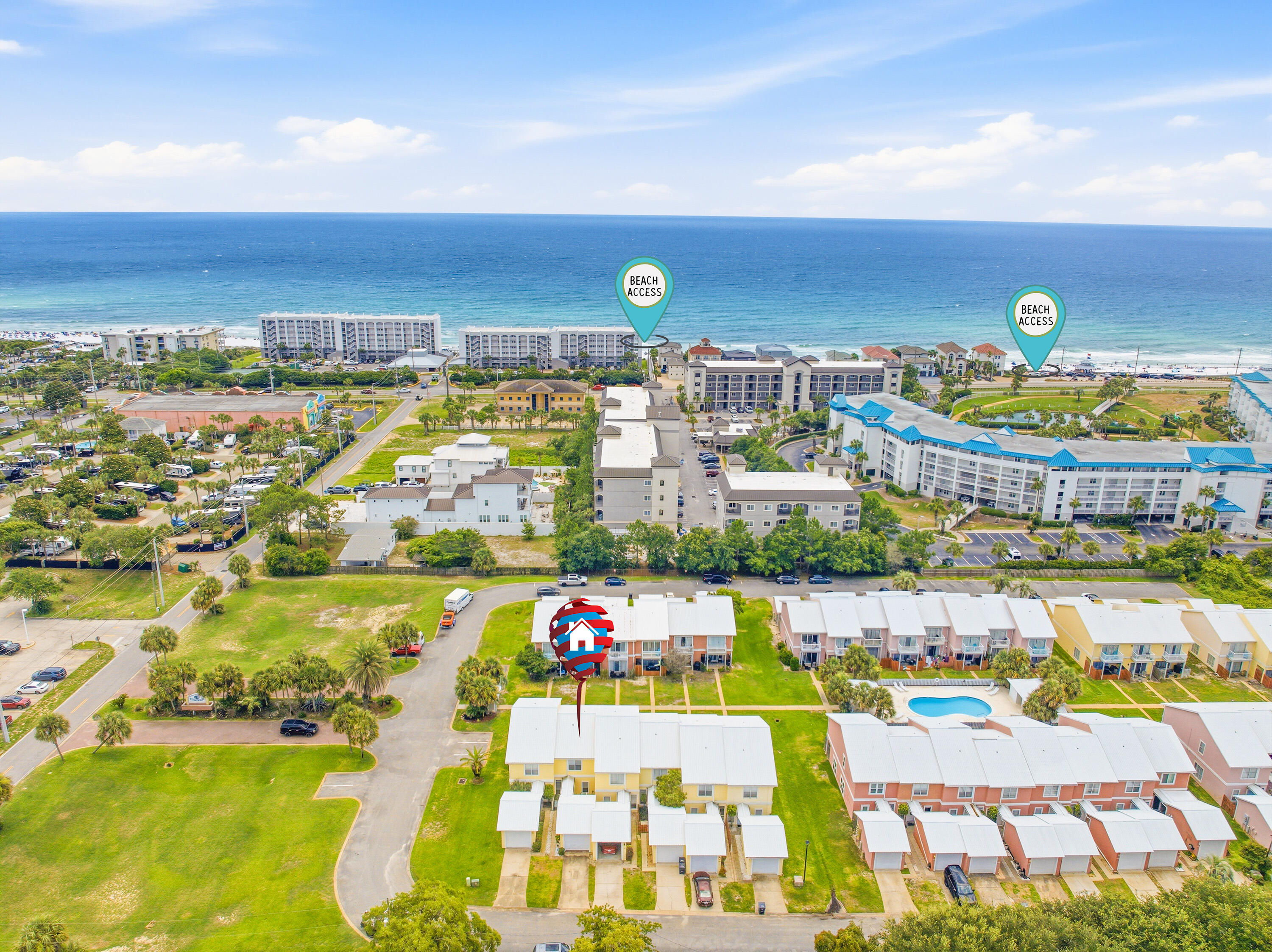 Turn-key rental opportunity! Highly updated fully furnished 2 bedroom/2.5 bath townhome with a detached garage that is just a 4-minute walk to a very private and serene beach access off Scenic Highway 98. Featuring LVP flooring on both floors, new granite kitchen countertops, stainless steel appliances, new paint throughout this townhome with high (vaulted) ceilings. This unique and spacious property comes with two master suites each located upstairs with their own dedicated full bath. The washer and dryer are also located upstairs. Corner ''office space'', living room and fully stocked kitchen located downstairs. It has a great open concept feeling. You can walk right out the back patio just 20 steps to the community pool and easily move back-and-forth to grab refreshments
Every thoughtful detail of this beautiful property has been designed with comfort and style in mind, new furnishings and new premium mattresses and linens to wrap you in comfort each night after a day relaxing at the beach.   This low-density complex is well maintained with a community pool for owners/guests' enjoyment. Low HOA include lawn maintenance and pool. Prime location, surrounded by great restaurants, grocery stores and premier shopping at the Silver Sands Outlets, this unit offers everything needed for a primary/secondary residence or a lucrative investment property near the beach.