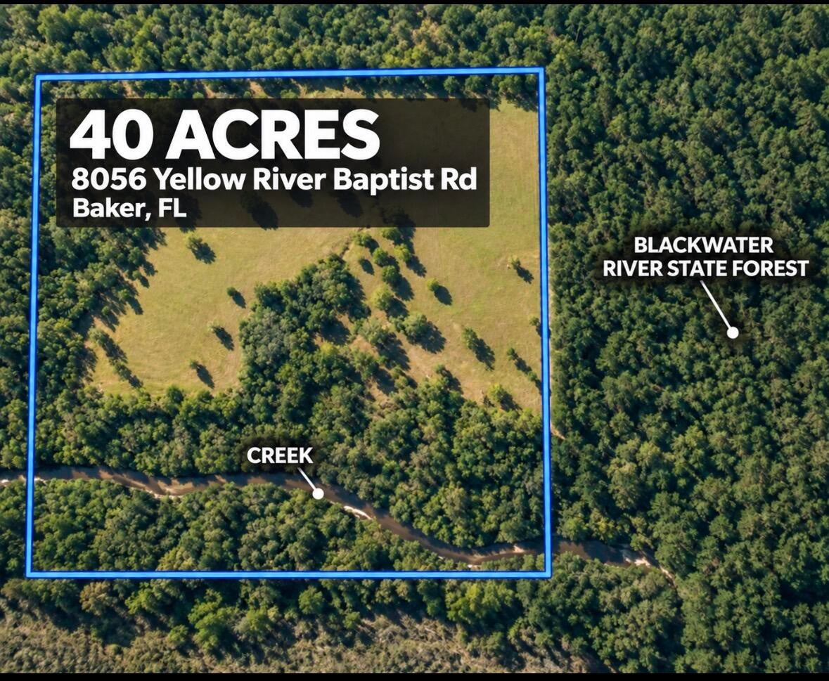 40 Acres with Tiny Home, Flowing Creek
Where the Pavement Ends, Possibility Begins--There is a moment, just beyond the paved road, when the noise of everyday life begins to disappear. The landscape opens, the trees grow taller, and nearly 40 acres of North Baker countryside stretch toward the protected beauty of Blackwater River State Forest.

This is more than acreage. It is the beginning of a life shaped by open land, flowing water, quiet mornings, and room to dream.

Fully fenced and partially cleared, the property offers broad, usable areas that could support cattle, horses, gardens, recreation, equipment, or a future homestead. Along the back boundary, Blackwater River State Forest creates a remarkable natural backdrop--adding privacy, beauty, and the feeling that the wilderness extends far beyond your own property lines.

A flowing creek winds through the land, bringing movement and character to the landscape. Established peach, blueberry, blackberry, and asparagus plantings offer a taste of what this property can become: a place where food grows close to home and each season brings something new.

Tucked into the acreage is a 10' x 20' tiny house with one bedroom, one bathroom, a living area, and a kitchenette. It could serve as a weekend escape, hunting camp, guest quarters, or a comfortable place to stay while bringing plans for a larger home to life.

Electricity is available, and the property is equipped for country living. A substantial 30' x 60' roof-only pole barn provides covered space for tractors, trailers, boats, hay, and equipment. A separate 20' x 20' partially enclosed barn adds even more flexibility for agricultural use, storage, or future projects.

Property Highlights:

Approximately 40 acres in North Baker
Convenient access from a paved road
Fully fenced
Partially cleared with open, usable pasture areas
Potential to support cattle or other livestock
Adjoins Blackwater River State Forest
Flowing creek through the property
Established peach trees
Blueberry and blackberry plants
Established asparagus
Electricity available
10' x 20' tiny house
One bedroom and one bathroom
Living area and kitchenette
30' x 60' roof-only pole barn
20' x 20' partially enclosed barn
Opportunities for farming, recreation, livestock, or a future homestead
Land like this is increasingly difficult to find: spacious, usable, rich with natural beauty, and already improved for the next chapter. Whether you envision a working farm, a private hunting retreat, a family homestead, or simply a quiet place beneath an open sky, this North Baker property offers something rare--the freedom to make it your own.

Schedule your private tour and come walk the land. Some properties must be seen. This one must be experienced.