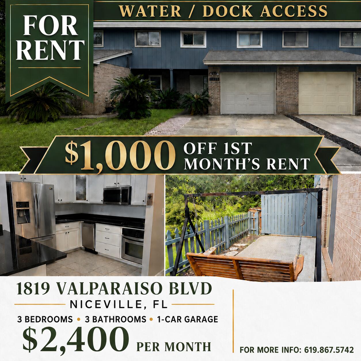 $1000 of 1st months rent with dock/water access.


This charming 3-bedroom, 2.5-bathroom townhouse offers the perfect blend of comfort and convenience! Nestled in the heart of Niceville, tucked away in the Rocky Bayou, it's the perfect place for someone who loves being on the water! This townhome provides a brand-new dock, giving you direct access to the water where you can enjoy boating, fishing, paddle boarding and more! Fresh paint throughout, enjoy the open concept floor plan, plenty of kitchen cabinet storage and stainless-steel appliances. You can't beat this location, centralized to Eglin & the EOD school house, restaurants, top rated schools, shopping and the beautiful beaches. Washer/dryer and TV's included.