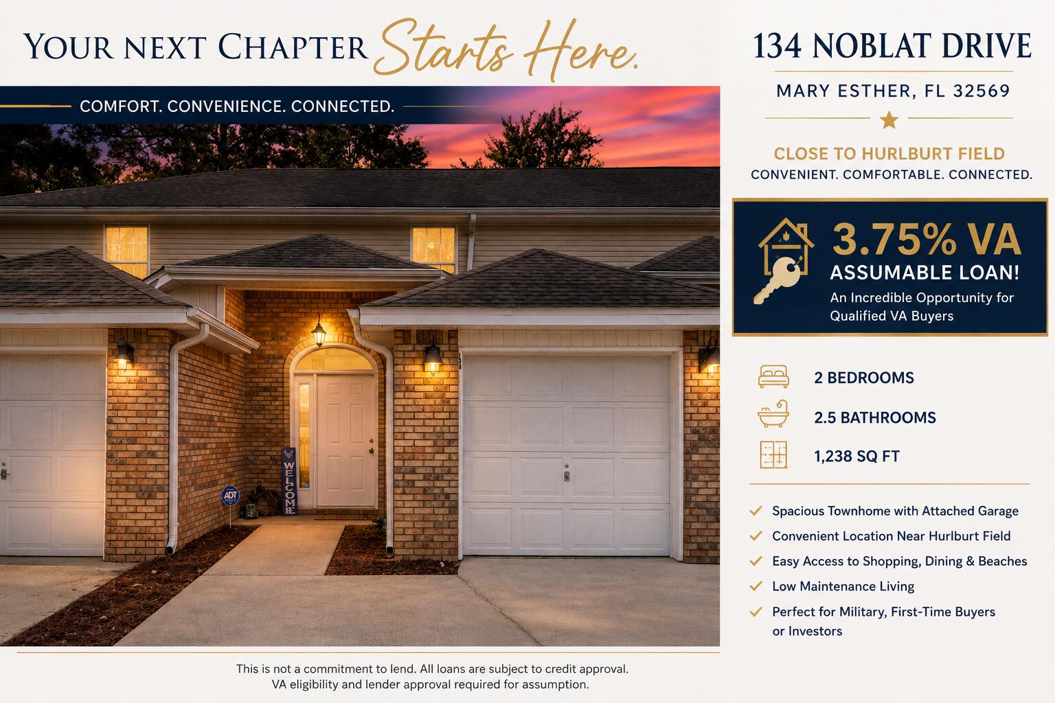 VA BUYERS--PRICED UNDER $250,000 WITH A RARE 3.75% ASSUMABLE VA LOAN! Here's an opportunity that's hard to find in today's market, an affordable, move-in-ready home paired with an incredible assumable interest rate. Welcome home to this 2-bedroom, 2.5-bath townhome in the heart of Mary Esther, where affordability, convenience, and low-maintenance living come together. Located approximately 6 miles from Hurlburt Field and convenient to the area's beautiful white-sand beaches, shopping, dining, and waterfront parks, this home puts you close to both work and the Emerald Coast lifestyle. Step inside to a bright, open floor plan that feels welcoming from the moment you arrive. The spacious kitchen offers white cabinetry with countertop space and a breakfast bar while overlooking the main living area, perfect for staying connected while cooking, relaxing, or entertaining. A convenient half bath and laundry area are located on the main level. Sliding glass doors open to a fully fenced backyard, giving you your own private outdoor space for morning coffee, grilling with friends, pets, gardening, or simply relaxing at the end of the day. Upstairs, you'll find two generously sized bedrooms, each with its own private ensuite bathroom, a wonderful layout for privacy, guests, roommates, or family. An attached one-car garage and ample storage add everyday convenience, while the 2017 roof, 2017 HVAC system, and 2021 water heater offer added peace of mind. Priced under $250,000 + a 3.75% assumable VA loan + approximately 6 miles to Hurlburt Field = an opportunity VA buyers won't want to overlook. Come see for yourself how easy it would be to call this Mary Esther townhome HOME.