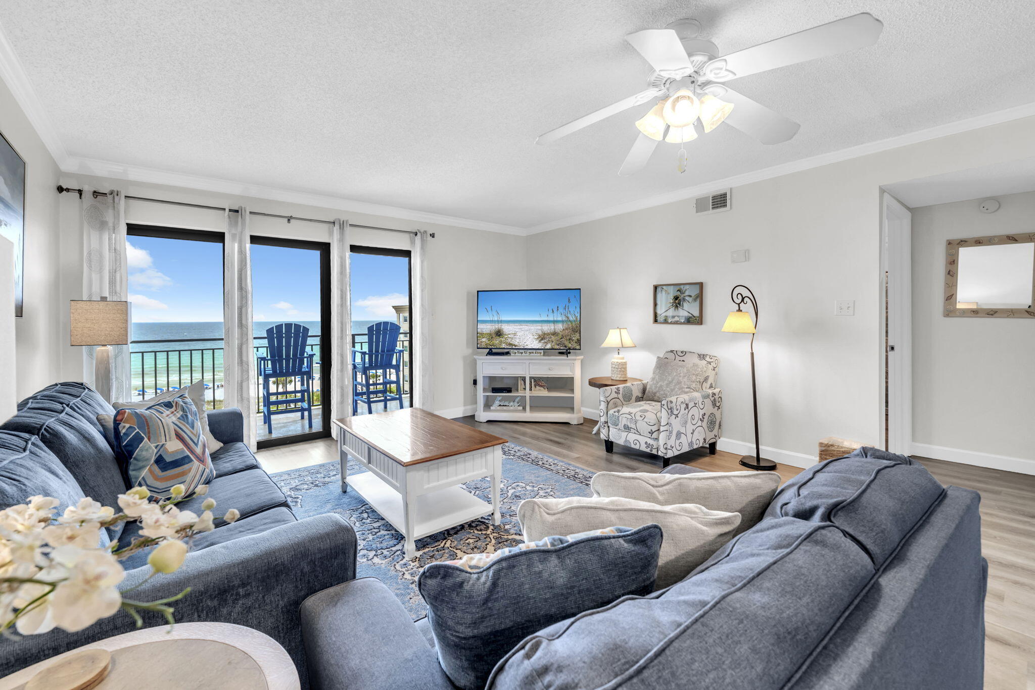 Want a good deal on a gulf front beach condo on Okaloosa Island? Here it is!! 709 Emerald Isle is perfectly positioned on the penthouse 7th floor level with unobstructed views of the sparkling turquoise waters of the Gulf of America and dazzling sugar white sand beaches! You'll also delight in bonus north views of the Santa Rosa Sound waterway from the kitchen, guest bedroom and front door too! Newly refreshed walls in neutral Dove white SW paint throughout. No carpet. Very comfortably furnished with new end tables, LR lamps, & some art. Unit will sleep 6 comfortably. Impressive size master bedroom w/ en suite bath; amazing views from your Kbed w/ access out to private balcony. Enjoy relaxing on the gulf front balcony with views views & more views!!! Even the GBR is spacious with waterfront views of the sound. If you haven't been to this Okaloosa Island landmark in a while, you'll appreciate the recent $4.2M renovation to the property- new exterior paint/waterproofing, railings, concrete repairs, parking lot resurfacing, elevator improvements and so much more! Refreshed!! Enjoy the community gulf-front pool with large sundeck, picnic area, bbq grill area, beach boardwalk, guest laundry and large beach frontage. Wait there's more...even a tennis/pickleball court and your very own designated parking space! Revisit this gem & see why this low key, gulf front quiet family beach resort has been an Okaloosa Island family favorite for generations! 709 Emerald Isle is what you want!