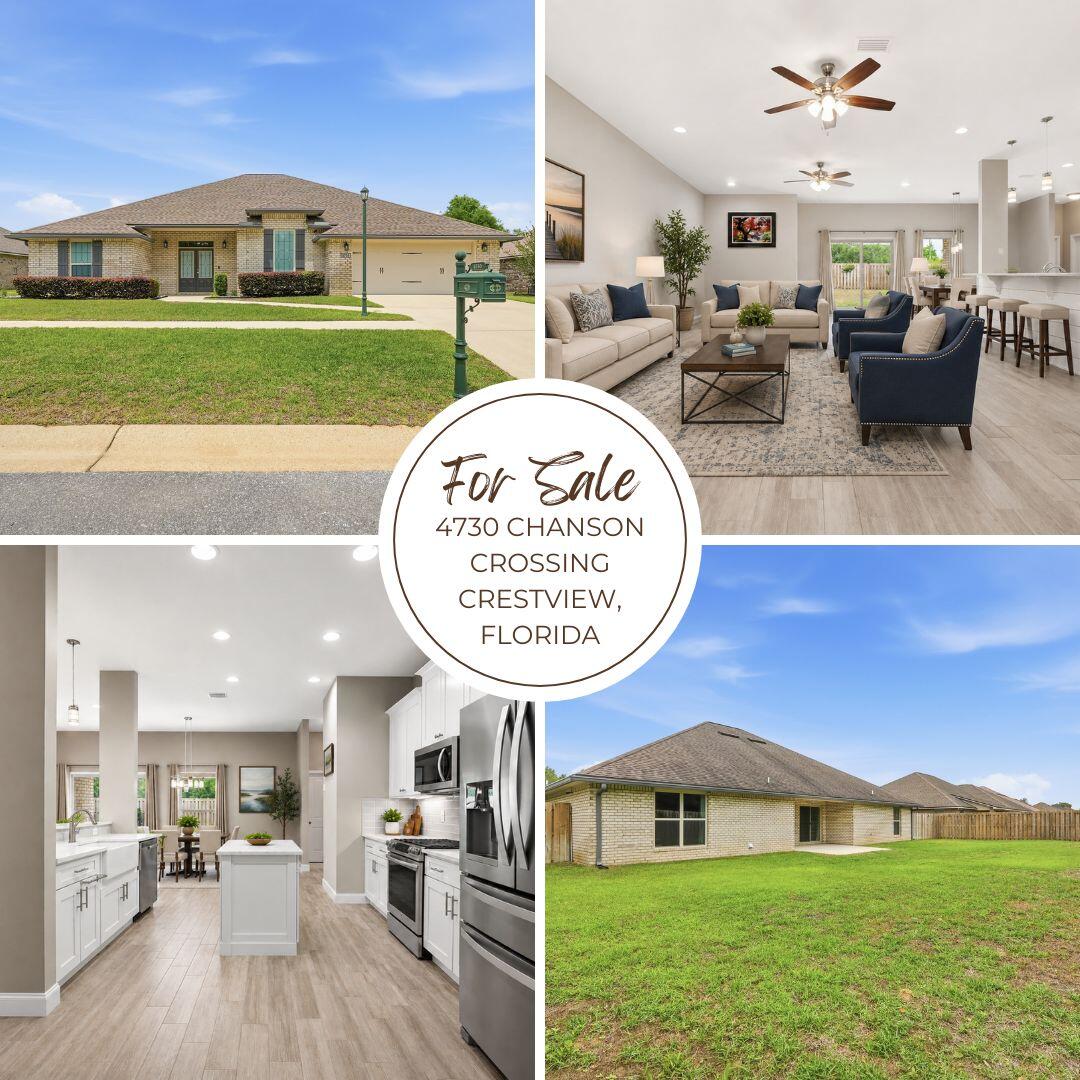 LOCATED IN SOUTH CRESTVIEW - CLOSE TO MILITARY BASES AND EMERALD COAST BEACHES!!! Seller will contribute $3,000 towards Buyer's closing costs.... Welcome to the beautiful gated community of Chanan Estates, ideally located in South Crestview with low county taxes! This stunning all-brick home, built in 2019, offers 2,401 square feet, featuring 4 bedrooms, 3 bathrooms, and a highly desirable open-concept, split floorplan.

Step inside to find 10-foot ceilings and elegant porcelain plank wood-look tile flooring throughout all main living areas and bathrooms, with comfortable carpeting in the bedrooms. The spacious living, dining, and kitchen areas create a bright and inviting atmosphere--perfect for both everyday living and entertaining.

The primary suite is a true retreat, complete with a tray ceiling with backlit crown molding, dual walk-in closets, and a luxurious en-suite bath featuring quartz countertops, dual vanities, a soaking , separate tiled walk-in shower with frameless glass door, and a private water closet. All bedrooms include walk-in closets, plus an additional walk-in linen closet for ample storage.

The kitchen is designed to impress with:

Quartz countertops
Deep white farmhouse sink
Large island with bar seating
Walk-in pantry
Stainless steel appliances, including an upgraded Samsung slide-in range, Whirlpool microwave, dishwasher, and French door refrigerator
Ceramic tile backsplash
Dimmable LED under-cabinet and recessed lighting
Stylish pendant lighting over the bar

Additional interior features include:

Ceiling fans in all bedrooms, plus a double fan in the living room
A well-equipped indoor laundry room with granite countertops, cabinetry, and storage drawers

Enjoy outdoor living with a welcoming front porch with double-door entry and a large covered back lanai, overlooking a privacy-fenced backyard.

This home is packed with upgrades and practical features, including:

Two-car garage with automatic opener and attic access
Gutter system
Rainbird irrigation system
Lorex security camera system
PEX Manibloc plumbing system
Transferable termite bond

Conveniently located on the south side of Crestview, this home offers an easy commute to the Emerald Coast beaches and nearby military bases.

Don't miss your chance to live in this highly sought-after gated community--schedule your private showing today!