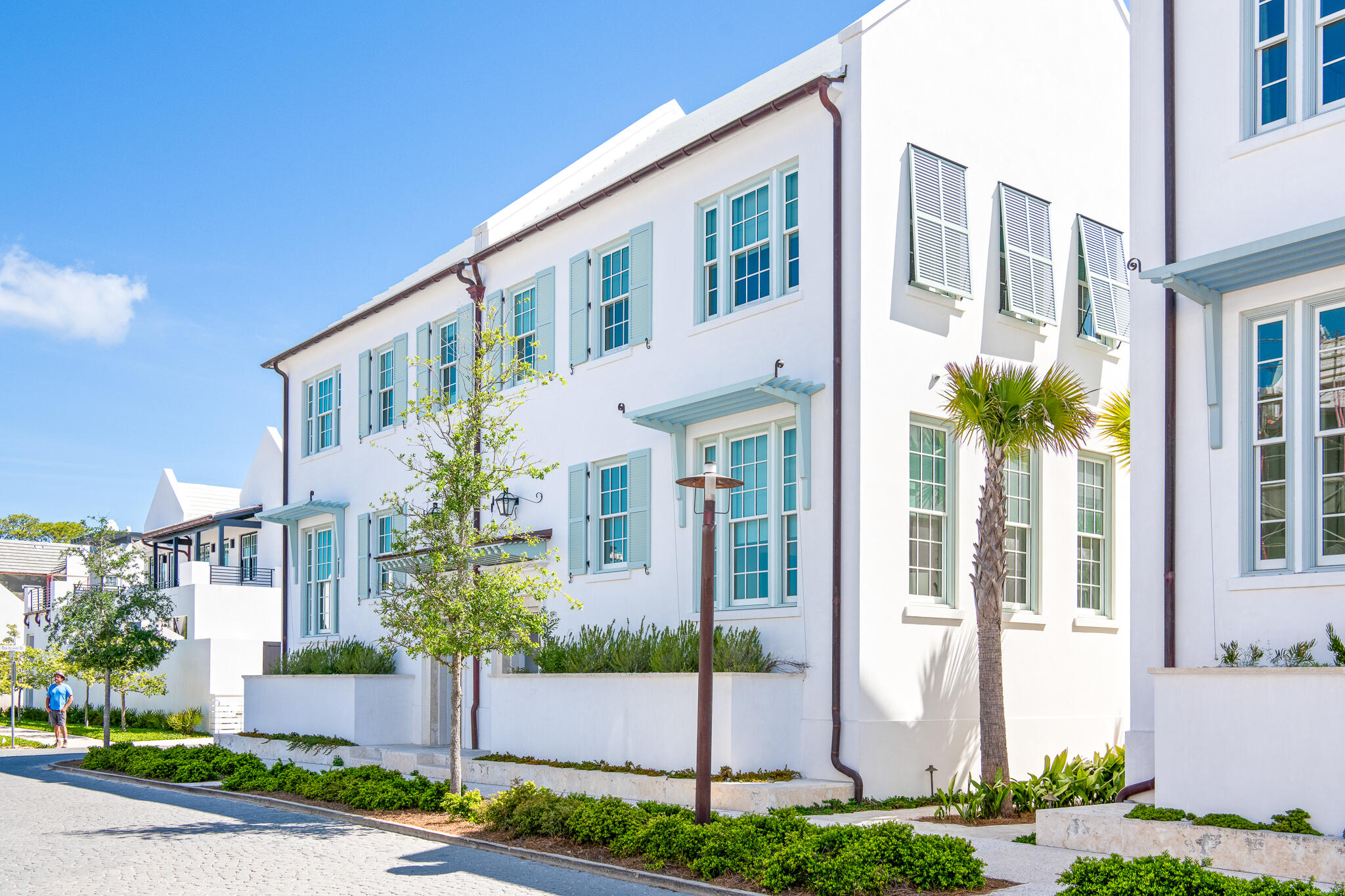 Designed by Khoury Vogt Architects and built by Alys Beach Construction, 50 North Sea Garden is a highly desired south facing single family corner residence in Alys Beach. 
Featuring a coveted first-floor primary suite, enclosed two-car garage, and an expansive private courtyard and pool, this home offers what buyers are seeking.
The great room spans the full width of the residence and boasts dramatic 16-foot venetian plastered ceilings which benefits from an abundance of natural light. The covered loggia offers a view of the courtyard and leads to a charming detached guest suite elevated gracefully above the garage. The main living floor features the primary suite, while the second floor has two additional guest bedrooms, each with its own luxurious en-suite bathroom. 
The house is being sold fully furnished with professionally designed interior furnishings and art. 50 North Sea Garden presents a perfect blend of value and sophistication making it a great opportunity to call Alys Beach home.