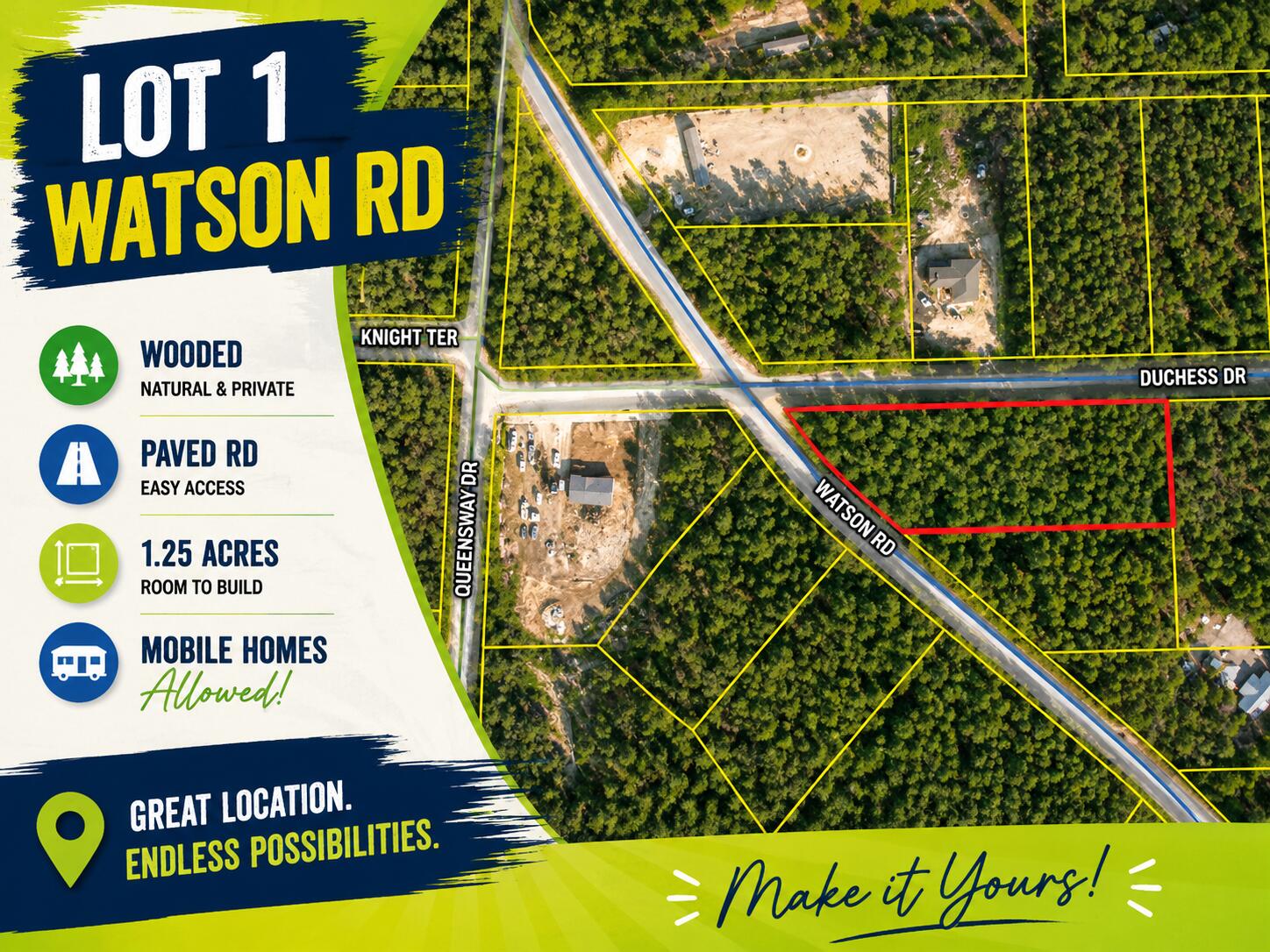 Discover the perfect blend of privacy and convenience with this beautiful 1.25-acre corner lot in a quiet country setting. This wooded parcel offers a peaceful, natural backdrop while still providing easy access via paved road frontage. No utilities are currently in place, giving you the flexibility to develop the property to suit your needs. Mobile homes are allowed, offering a variety of options for building or placing your home.

Enjoy the tranquility of rural living while being just a 45-minute drive to the stunning white-sand beaches of Destin. Whether you're looking to build, invest, or create a weekend retreat, this property offers endless potential in a desirable location. Call today for a private showing!