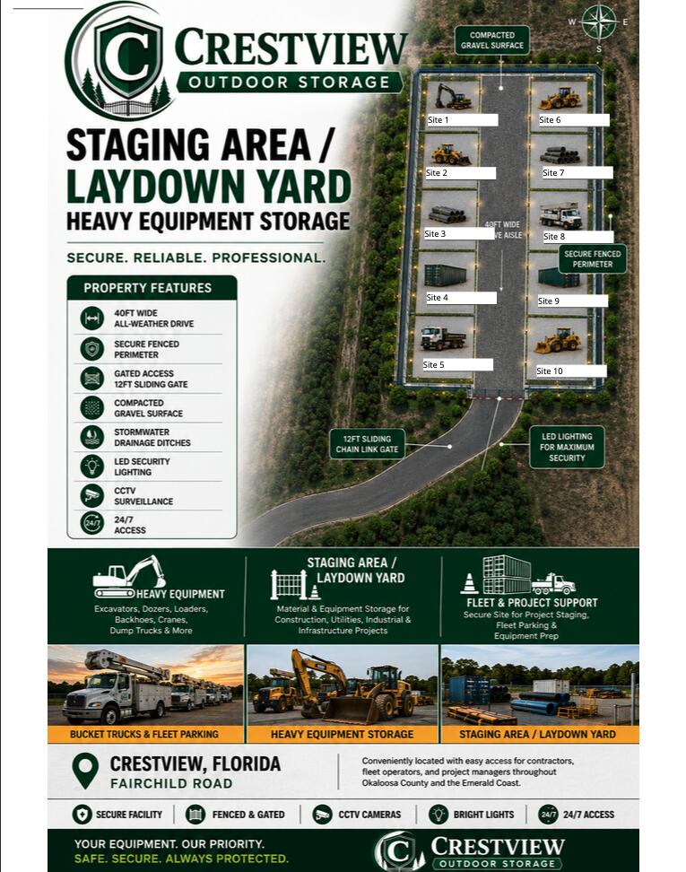 Staging area/laydown yard site across from Bob Sikes Airport near HWY 90, I-10, 393, and Hwy 850 Corridors!  Approximately 50x50 of gravel-surface outdoor space available within a fully secured facility. More available! The lot features a 2'' layer of milled asphalt, providing a durable surface for equipment and storage use. Access to the lot is provided by a 40' wide internal roadway constructed with 6'' milled asphalt, offering ample room for maneuvering and access to the individual site. The facility is secured with a 12' sliding chain-link access gate and features LED lighting and CCTV surveillance. A practical option for businesses needing secure, accessible outdoor space for equipment and storage.
