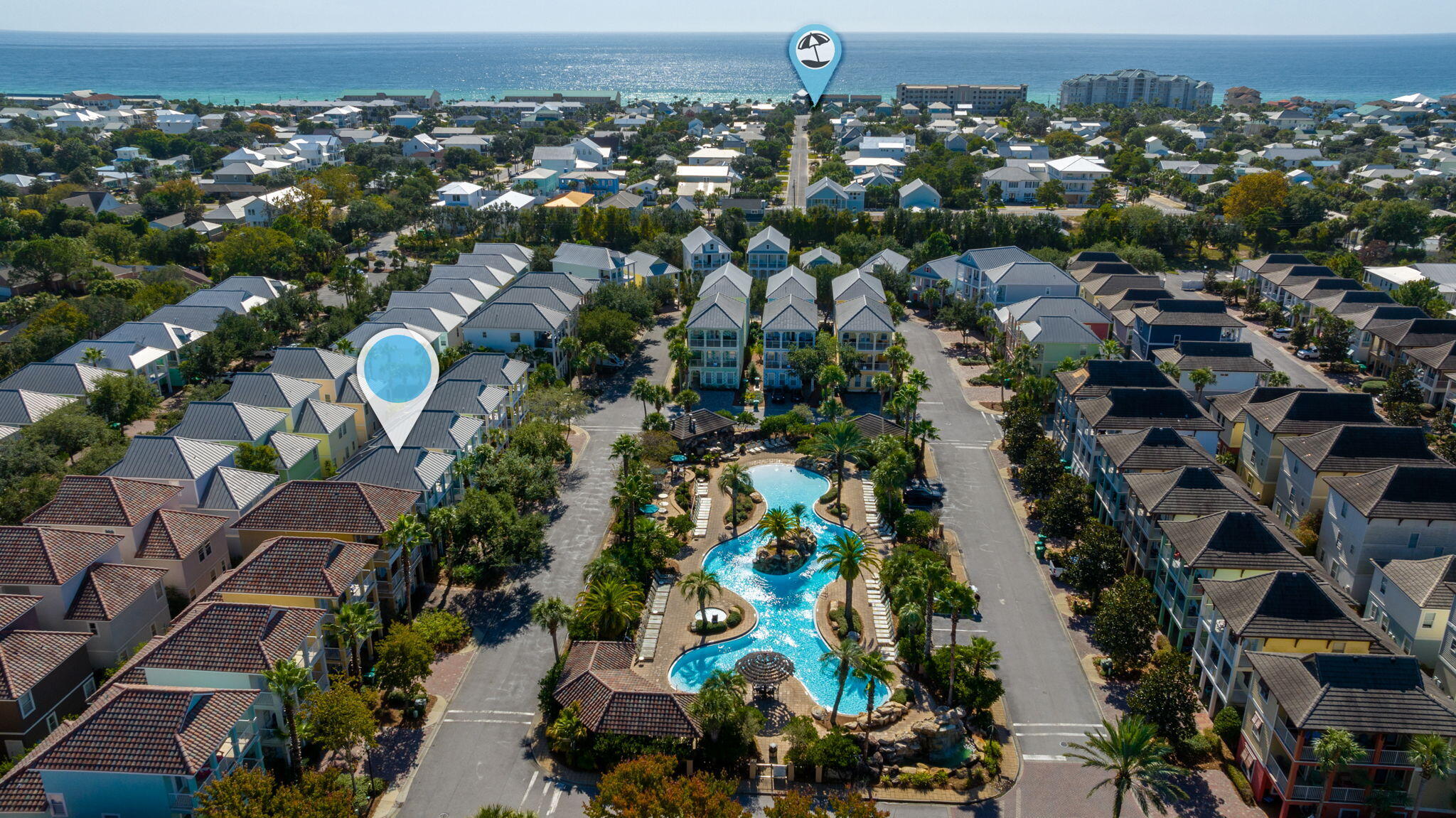 Poolside Paradise is NOT just a turn-key rental machine in one of Destin's premier gated communities; it is THE preferred 6-bedroom plan sleeping 16 guests, situated on the LOW TRAFFIC side and DIRECTLY across from Villages of Crystal Beach's iconic lagoon-style pool! Enjoy unobstructed views with NO street parking between and travel mere feet straight from your front porch to the pool's side entrance! Choosing this location is the easiest investment decision you'll make this year! Inside, find 3 levels of well-laid out space with NO CARPET to be found. The main level is comprised of an open concept living, dining, and kitchen area as well as a convenient half bath and the largest bedroom with an en suite bath. Moving up to the second floor, discover another well appointed living room with kitchenette (mini fridge, microwave, sink, cabinets) and access to one of two balconies. A bedroom with a king size bed, a 4-bed bunk room, shared full bath, and the laundry room round out the second level. The top floor features two bedrooms with queen size beds, each offering access to the balcony with stunning views of the pool, and another 2-bed bunk room.
Villages of Crystal Beach is perfectly located between Destin Commons and the Gulf's sugar white sand beaches. During high season, take advantage of the free beach shuttle!