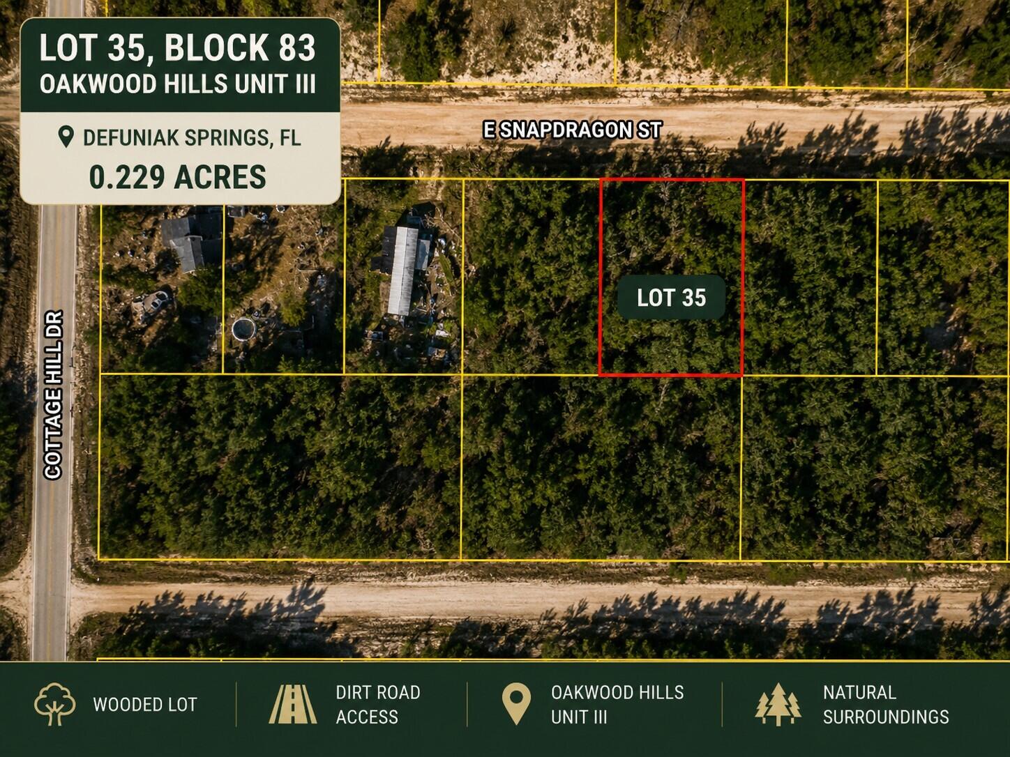 BACK ON THE MARKET-Previous buyer unable to complete the purchase. 

Start planning for the future with this vacant lot on E Snapdragon Street in the Oakwood Hills area of DeFuniak Springs. Whether you are considering land as an investment or exploring the possibility of a future small home or manufactured/mobile home, this affordable property offers options to consider, subject to county requirements and approvals. No HOA. There are 15 lots available that can be sold separately or together.

Historic downtown DeFuniak Springs is approximately 9 miles away and is centered around beautiful Lake DeFuniak, featuring an approximately 1.2-mile paved walking trail, pier, and nearby amphitheater. Enjoy small-town comfort food and visit the Walton County Heritage Museum. Near shopping, schools, and gas stations. Starbucks, Walmart Supercenter, and HCA Florida Twin Cities Hospital are approximately 10 minutes away. Buyer to verify all information important to buyer, including measurements, boundaries, access, zoning, utilities, septic, building requirements, manufactured/mobile home eligibility, and site suitability.