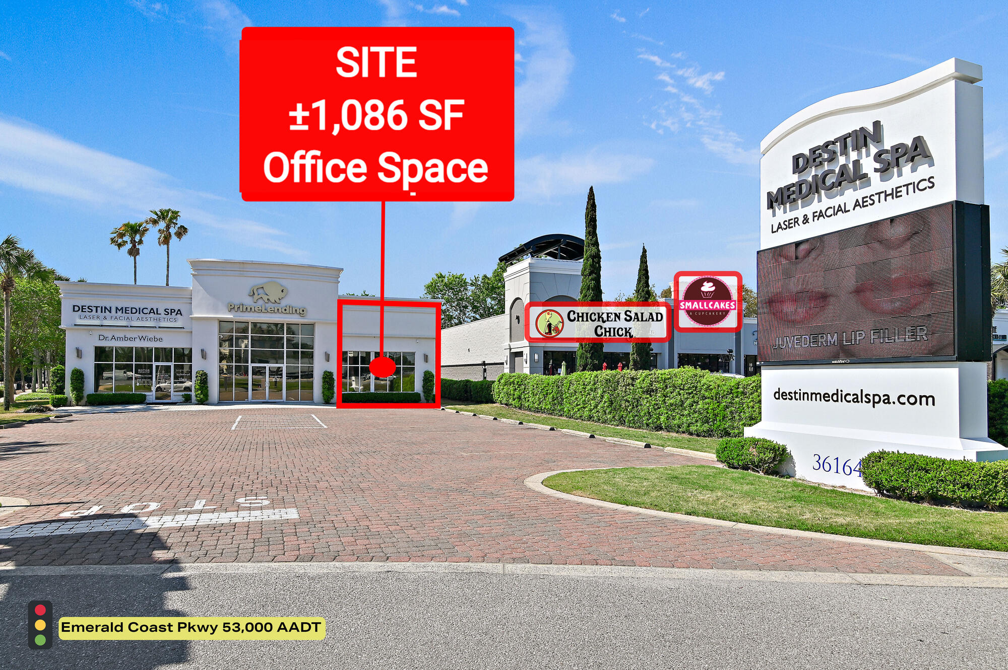 +/- 1,086 SF office space available along Emerald Coast Pkwy in the heart of Destin, FL. Recently updated with fresh interior paint, new door hinges, and updated door knobs, the space offers a clean and modern professional environment suitable for a variety of office or retail users. Ownership prefers a non-medical tenant use that complements the existing co-tenant, Destin Medical Spa. Formerly occupied by Prime Lending, the suite features multiple private offices, a welcoming reception area, and convenient access to shared restrooms.

The property is ideally positioned near Crystal Beach Plaza, Destin Commons, Emerald Coast beaches, and major national retailers including Publix, Walgreens, Walmart, Lowe's, and The Home Depot, providing excellent visibility and accessibility in one of Destin's most active commercial corridors.