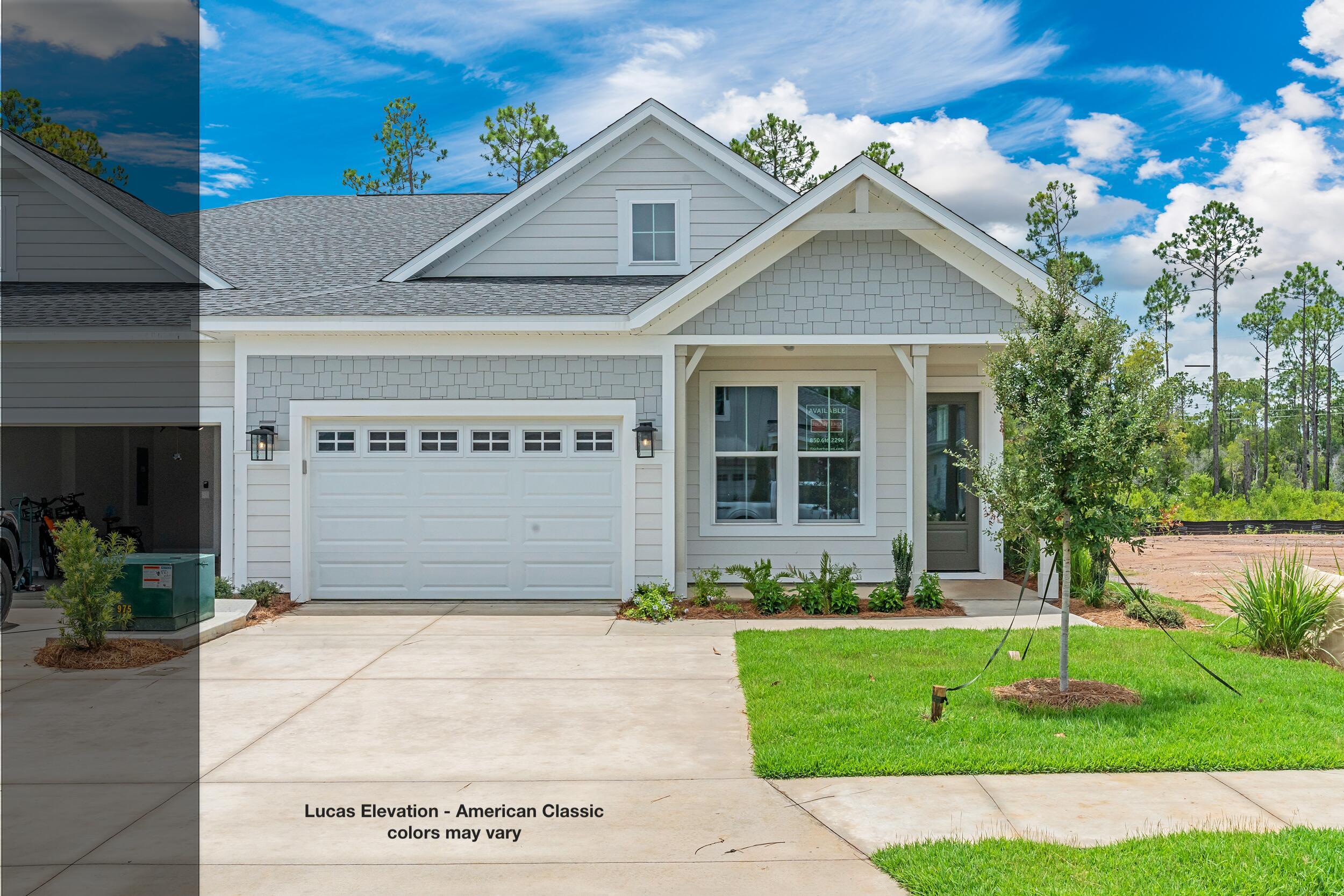 Located in the Villas at Longleaf Park within Watersound Origins, this thoughtfully upgraded Lucas plan offers two bedrooms, two bathrooms, a 1.5-car garage, and an open single-level layout designed for comfortable, low-maintenance living.

The kitchen serves as the centerpiece of the home, opening directly to the dining and family rooms and featuring quartz Calacatta countertops, ceramic tile backsplash, a farmhouse sink, shaker-style cabinetry with crown molding, and champagne bronze hardware. Thoughtful cabinet upgrades include a built-in waste basket, cutlery divider, pot-and-pan drawers, and sliding base-cabinet trays for added organization. The stainless steel appliance package includes a five-burner gas cooktop, designer wall-mounted canopy hood, built-in microwave/oven combination, dishwasher, and counter-depth French-door refrigerator. A tile backsplash extending to the ceiling behind the range hood and white-and-champagne-bronze pendant lighting above the island add distinctive finishing details.

Ten-foot ceilings and 8-foot interior doors enhance the open feel of the home, while vinyl plank flooring extends throughout for a cohesive finish. The family room flows to the covered rear patio, providing an easy extension of the main living space and an outdoor setting overlooking the retention pond. A ceiling fan adds comfort to the covered patio. 

The owner's suite includes a large walk-in closet and an upgraded bath with dual vanity, European-style glass shower door, ceramic tile shower floor, and shower tile extending to the ceiling. The second bedroom and full bath with tile to the ceiling in the tub/ shower provide comfortable accommodations for guests. A family foyer at the garage entry creates a convenient drop zone between the garage and main living areas.

Additional features include impact-rated windows, a tankless gas water heater, gas grill rough-in, irrigation, landscaping, and Smart Home Ready infrastructure. Exterior lawn maintenance is included, supporting the simplified lifestyle offered within the Villas at Longleaf Park.

Each paired residence is structurally independent and separated by a two-hour fire separation wall with insulated framing, an air space, and layered gypsum board construction.

Conveniently located near the front of Watersound Origins, Longleaf Park offers quick access to Watersound Town Center, Publix, dining, medical offices, and Hwy 98. Residents also enjoy access to Origins Golf Course, Village Commons amenities, and the community's extensive network of walking and biking trails.

Estimated Completion: Nov/ Dec 2026
