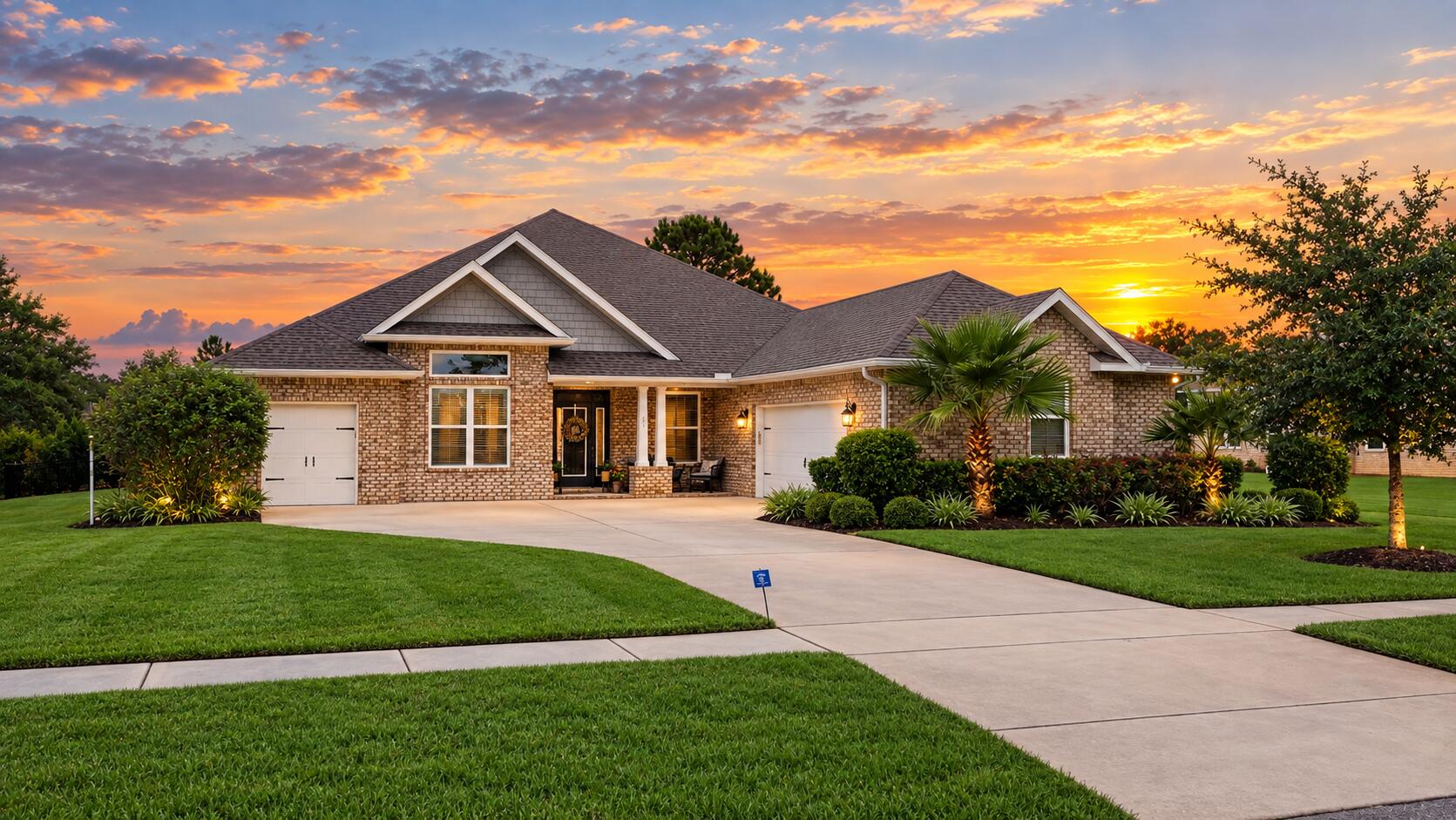 Welcome to your new Paradise Lifestyle in the Florida Panhandle! This well-maintained estate home in Windswept Estates offers 1-story living on over ½ acre with soaring ceilings, low-maintenance all-brick construction and 3,100+ indoor sq ft. Enjoy secluded sunset and water views from the heated in-ground pool, screened back porch, paver patio, firepit area and fenced backyard overlooking a pond/lake, golf fairway and your very own private putting green. The split-bedroom plan features formal living & dining rooms, plus a great room with electric fireplace open to the chef's kitchen with a massive island--perfect for entertaining. The oversized primary suite includes a sitting area with sunset views and a spa-like ensuite with spacious shower and soaking tub. Oversized secondary bedrooms feature walk-in closets for family or guests. An oversized 2-car side-entry garage, separate golf cart garage and sprawling concrete driveway provide ample parking. The golf cart garage includes an emergency storm shelter for hurricanes, tornadoes and other severe weather. The generously sized laundry room includes a wash sink. A custom built-in storage bench and auxiliary refrigerator are situated near the garage entrance. Easy-care EVP/LVP flooring is installed throughout--NO CARPET! One of the 3 full baths opens directly to the screened porch/pool area, perfect for changing or rinsing off after swimming or outdoor fun.