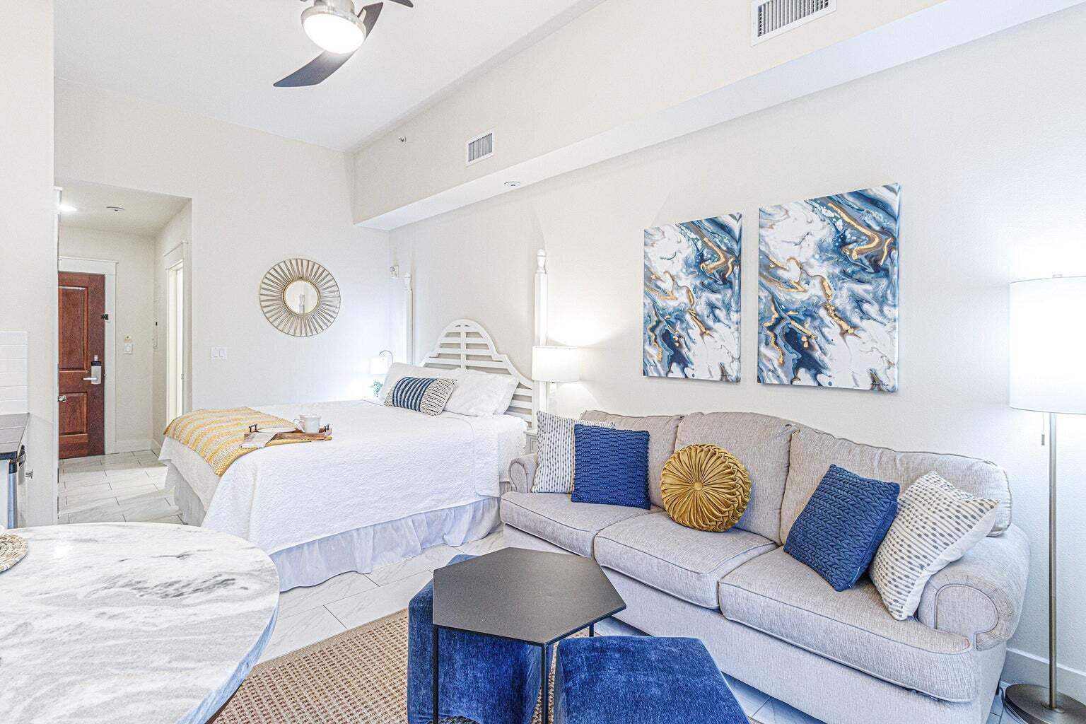 Back on the market. The Buyer's contract fell through on their property. Studio in Baytowne Wharf! Beautifully updated first-floor studio with a charming white picket-fenced backyard--light, bright, and rental-ready! Features 10-ft ceilings, new A/C (2023), and all-new furnishings, décor, bedding, lighting, drapes, and refreshed tile (2022). Just steps from The Village of Baytowne Wharf with dining, shopping, and live music. King bed and queen sleeper sofa make it perfect for a small family. Enjoy nearby tennis, beach access via shuttle, and Sandestin's resort amenities--7 miles of beaches, 4 golf courses, 15 tennis courts, a marina, fitness center, spa, and more! Strong rental history and priced to sell--a rare opportunity to own in Sandestin Resort's Baytowne Wharf. STUDIO LENDER: HOME FI -813-255-7982.
