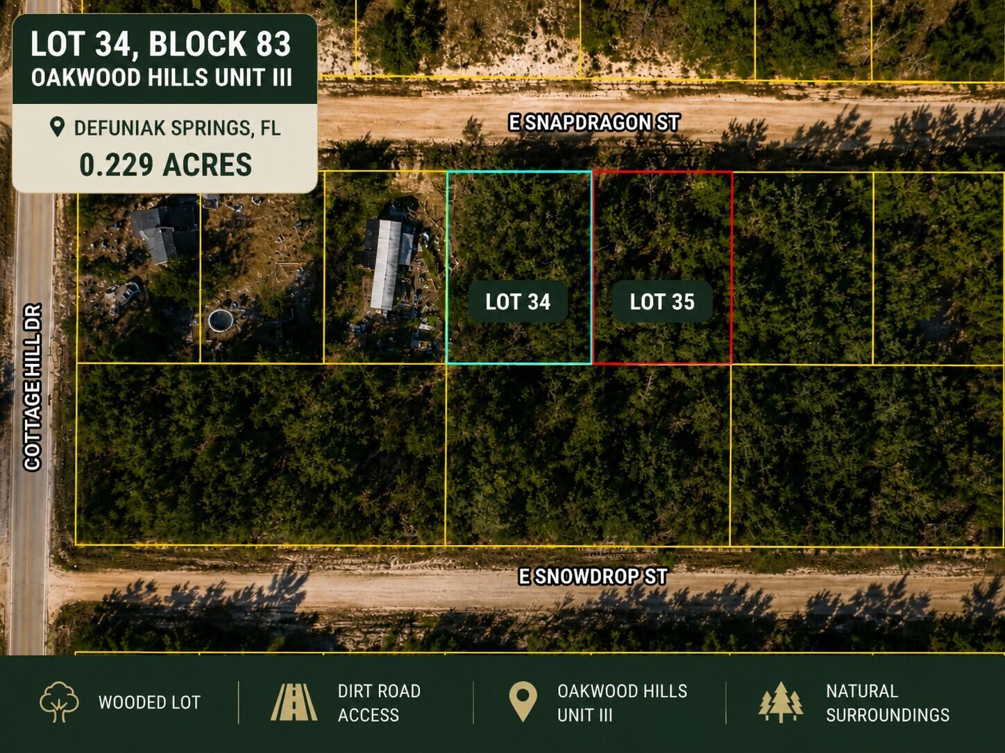 BACK ON THE MARKET-Previous buyer unable to complete the purchase. 

Affordable land and future possibilities await on E Snapdragon Street! This vacant Oakwood Hills lot offers the opportunity to own a piece of DeFuniak Springs and explore potential future uses, including a smaller home, traditional residence, or manufactured/mobile home, subject to applicable requirements and approvals. There are 15 lots available that be sold separately or together.

Located approximately 9 miles from historic downtown DeFuniak Springs, the property is within reach of beautiful Lake DeFuniak and its approximately 1.2-mile paved walking trail. Downtown also offers a pier, amphitheater, local comfort food, and the Walton County Heritage Museum. Nearby conveniences include shopping, schools, and gas stations. Starbucks, Walmart Supercenter, and HCA Florida Twin Cities Hospital are approximately 10 minutes away. Buyer to verify all measurements, boundaries, legal access, zoning, utilities, septic requirements, permitting, manufactured/mobile home eligibility, and site suitability. No HOA.