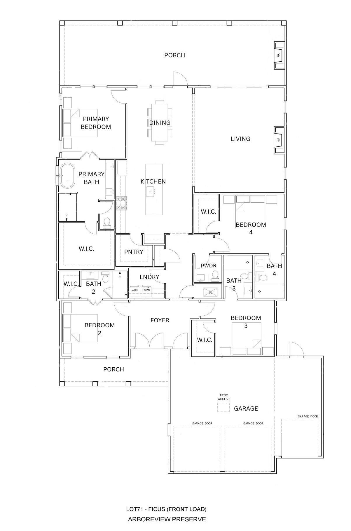 Set on a deep 65' x 160' wooded homesite in Arborview Park's Preserve Collection, this 2,682-square-foot Ficus with front load garage is designed to take full advantage of its single-level layout and private backyard setting. With an estimated completion at the end of Dec. '26, this home offers four bedrooms, four-and-a-half baths and a three-car garage, with an extended screened porch and fenced rear yard creating generous space for outdoor living.

From the foyer, the plan opens into the kitchen and dining area, with the living room positioned alongside them as a distinct but connected gathering space. The kitchen centers around a white oak island and features stacked cabinetry, a custom white oak vent hood, herringbone-pattern backsplash and an upgraded appliance package with a dual-fuel range, built-in refrigerator, microwave drawer and dishwasher. A dedicated pantry adds storage, while a beverage center and nugget ice maker provide additional convenience for entertaining.

The living room is anchored by a gas fireplace with a Dekton surround, while a 12-foot bronze slider creates the primary transition to the rear porch. Extended to approximately 12'8'' x 14', the screened porch includes an outdoor kitchen with built-in grill and cabinetry, along with a 42-inch gas fireplace finished in brick with a weathered barnwood mantel. Four additional windows along the porch enclosure bring in natural light while maintaining a comfortable connection to the wooded backyard.  The home is also pre-plumbed for a future pool.

Positioned at the rear of the home, the primary suite opens directly to the outdoor living area through double doors. The primary bath features a freestanding tub with floor-mounted hand shower, separate shower with handheld fixture and upgraded stone and marble finishes, while the oversized walk-in closet includes a full-length mirror. Three additional bedrooms are arranged throughout the home, each with its own bath and walk-in closet.

Wide-plank engineered wood flooring and upgraded interior doors carry throughout the home, with crown molding extending into the bedrooms and additional lap-and-gap detailing along the hallway to the kitchen. The laundry room includes a sink, upper cabinetry above the washer and dryer, and additional upper and lower storage. The three-car garage is finished with epoxy flooring and includes a utility sink and wiring for a future EV charger. Additional features include a dehumidifier, generator prewire, water filtration/softener pre-plumbing and impact-rated windows and doors.

Located within the Preserve Collection at Watersound Origins®, AV 71 combines a deeper homesite, wooded privacy and substantial indoor-outdoor upgrades with access to Origins Golf Course , Village Commons, community amenities and miles of walking and biking trails.
