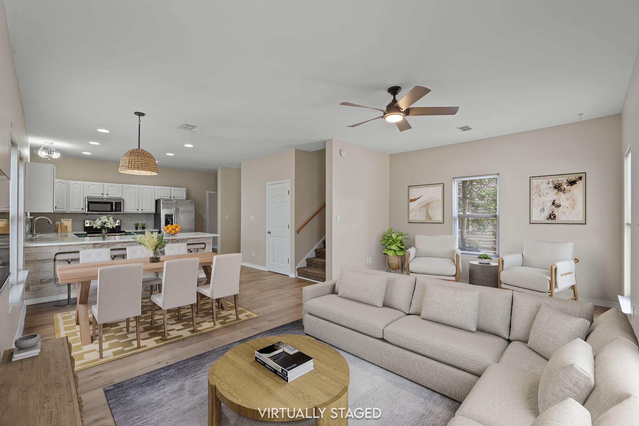 Discover the perfect blend of coastal charm, comfort, and convenience at 171 Enchanted Way in Santa Rosa Beach. This beautifully maintained Florida cottage-style home offers 3 spacious bedrooms, 2.5 baths, and over 1,800 square feet. The open-concept floor plan is ideal for both everyday living and entertaining, showcasing a stylish kitchen with quartz countertops, stainless steel appliances, oak cabinetry, a pantry, and durable luxury vinyl plank flooring throughout the main living areas. The conveniently located first-floor primary bedroom is spacious and provides a walk-in closet. The primary bathroom features a double vanity, while upstairs you'll find two generously sized bedrooms, each with walk-in closets, a shared full bath, and a laundry room. Backing up to a peaceful preserve, this home offers added privacy. The Enchanted Estates community, residents enjoy access to a community pool and a location just minutes from Sandestin, Grand Boulevard, Baytowne Wharf, Sacred Heart Hospital, championship golf courses, exceptional dining, and the world-renowned sugar-white beaches of the Emerald Coast. This move-in-ready property is ideal as a primary residence, vacation getaway, or investment opportunity.
