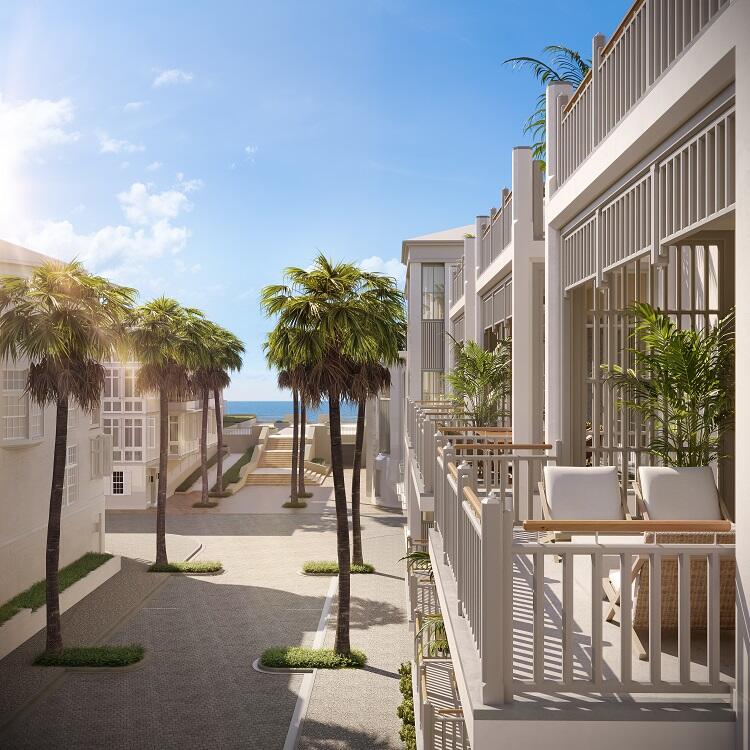 ''Lining Alys Beach's 'Main Street' leading from its town center to the Gulf of Mexico, Somersisle Terrace occupies a prominent place between the retail and resort offerings at either end. As such, it is modeled after the grand Terrace Rows of Georgian London, rising four stories above an elevated stoop and landscaped dooryard. Second floor living affords Gulf views from the front porch and balcony, while an elevated loggia, court and pool on the west side enjoy the western sunset. Four-bedroom suites are distributed on three floors with the principal suite, on the third floor, afforded its own private porch and balcony above the common one below. Above it all, a generous fourth-floor eastern terrace forms an outdoor living room while a western one offers alfresco dining before the setting sun. Both enjoy sweeping panoramic views overlooking the town and Gulf". - Khoury Vogt Architects
Designed by Khoury Vogt Architects, the custom designed Somersisle Terrace will deliver 10 total residences with interiors finished by Khoury Vogt Architects, each with four bedrooms plus media room. The initial offering will consist of two Somersisle Terrace residences.
