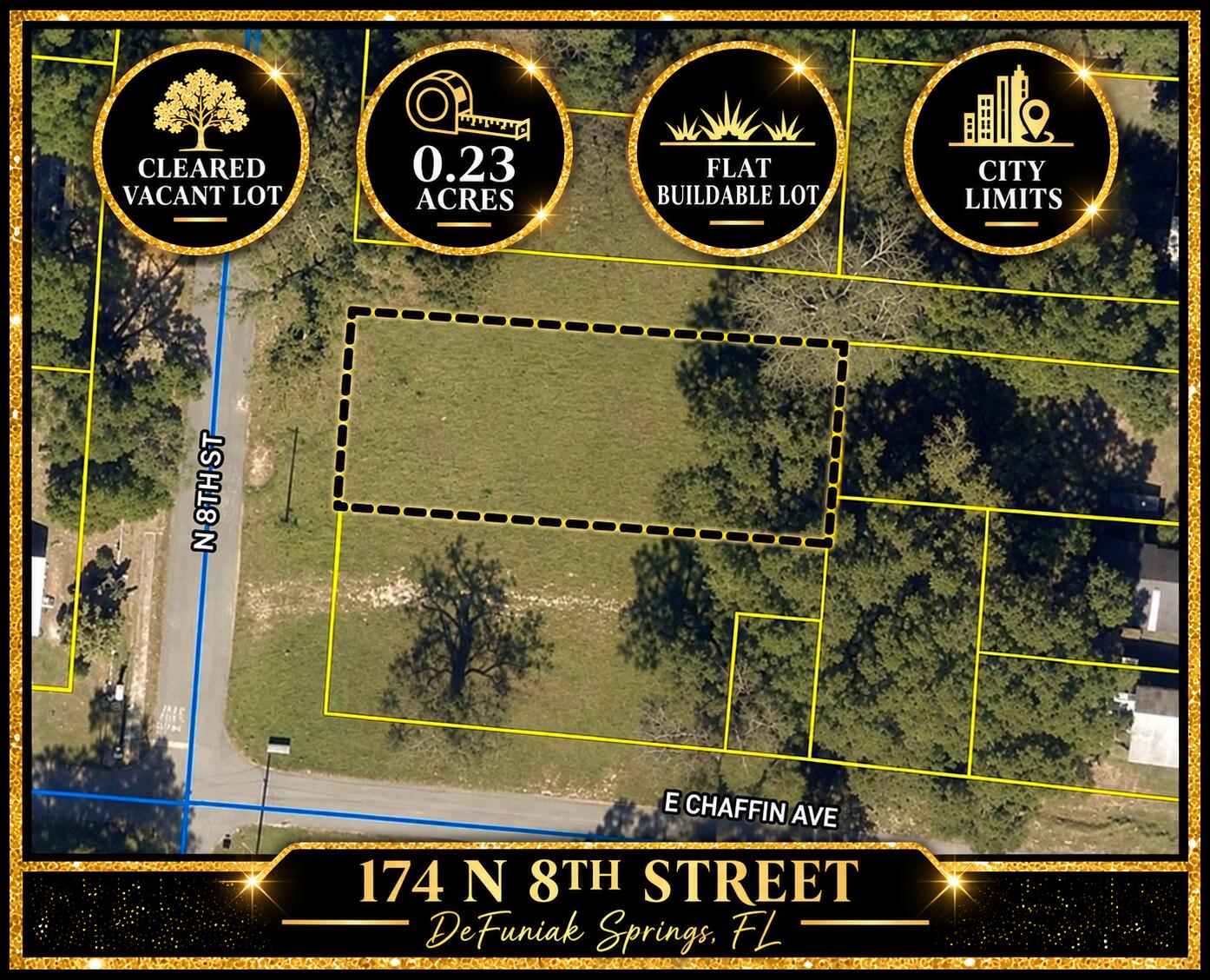 Cleared, flat, and ready for your plans! This 0.23-acre vacant lot is located within the DeFuniak Springs city limits and offers a great opportunity for a new home or investment property. The level, buildable homesite provides a great head start for your future plans, and a survey is already available and the tap fee has been paid, helping save both time and upfront expense. Conveniently located near downtown DeFuniak Springs, schools, shopping, and everyday amenities. Bring your house plans and make this property yours!