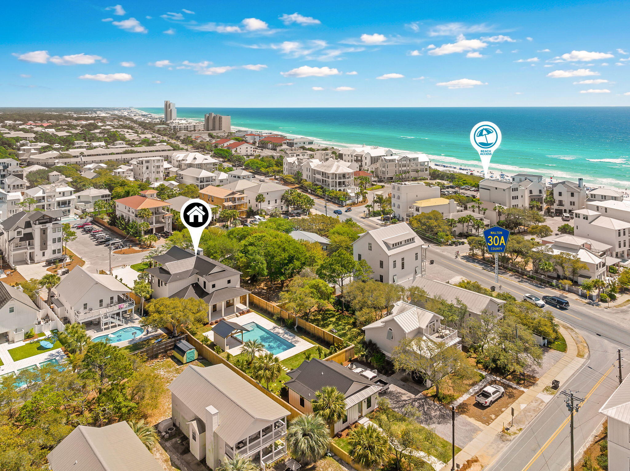 Just off Scenic Highway 30A in the heart of Seagrove Beach, an irreplaceable coastal compound spanning two contiguous lots from street to street, offering an extraordinary 270 feet of depth--creates a true estate-sized homesite just a few tiers off the white sand beaches of the Gulf. 51 Santa Clara is where the rhythm of the coast meets the quiet of residential streets and introduces a newly built compound residence with main house and separate guest home designed with both scale and livability in mind. Masterfully designed and built by Personal Home Builders, the residence reflects a clean architectural approach that prioritizes proportion with exceptional scale, natural light, and thoughtful functionality--offering a refined yet relaxed interpretation of modern coastal living. Its proximity to new urbanism in Seaside Florida is excellent, and provides easy pedestrian access without having the constraints of tight lot lines and HOA oversight. 

The interiors are defined by volume and openness. Twelve-foot ceilings on the first floor create an immediate sense of arrival, while ten-foot ceilings upstairs maintain the home's airy continuity. Light moves effortlessly through the 4,100 square feet of primary living space, with each room positioned to balance gathering and retreat. The layout feels expansive without excess, designed for both everyday comfort and hosting at scale.

The kitchen and main living areas anchor the home, flowing seamlessly toward outdoor spaces that extend the living experience. An outdoor shower reinforces the coastal lifestyle, while the deep homesite--approximately 60 by 270 feet--provides a level of privacy and flexibility rarely found this close to 30A. Deeded beach access to Gulf Shore Manor places the Gulf within easy reach, allowing the home to function as a truly walkable coastal retreat.

Guest accommodations are thoughtfully distributed, including a bunk room designed to sleep five--creating a dedicated space for extended family or visiting guests. An additional 800-square-foot carriage house adds flexibility, whether used for overflow accommodations, private guest quarters, or a separate living environment.

Behind the scenes, the home is equally considered. A 26-kilowatt generator provides whole-home backup power, while two tankless water heaters ensure consistent performance for larger groups. These structural and mechanical decisions support long-term livability, reinforcing the home's balance of design and practicality.

At 51 Santa Clara, the result is a newly built residence that pairs proximity to 30A with the rarity of a true estate-sized homesite, deeded Gulf access, and thoughtfully scaled interiors--an offering that is both connected and quietly removed, where architecture, function, and location come together in a cohesive, livable composition.