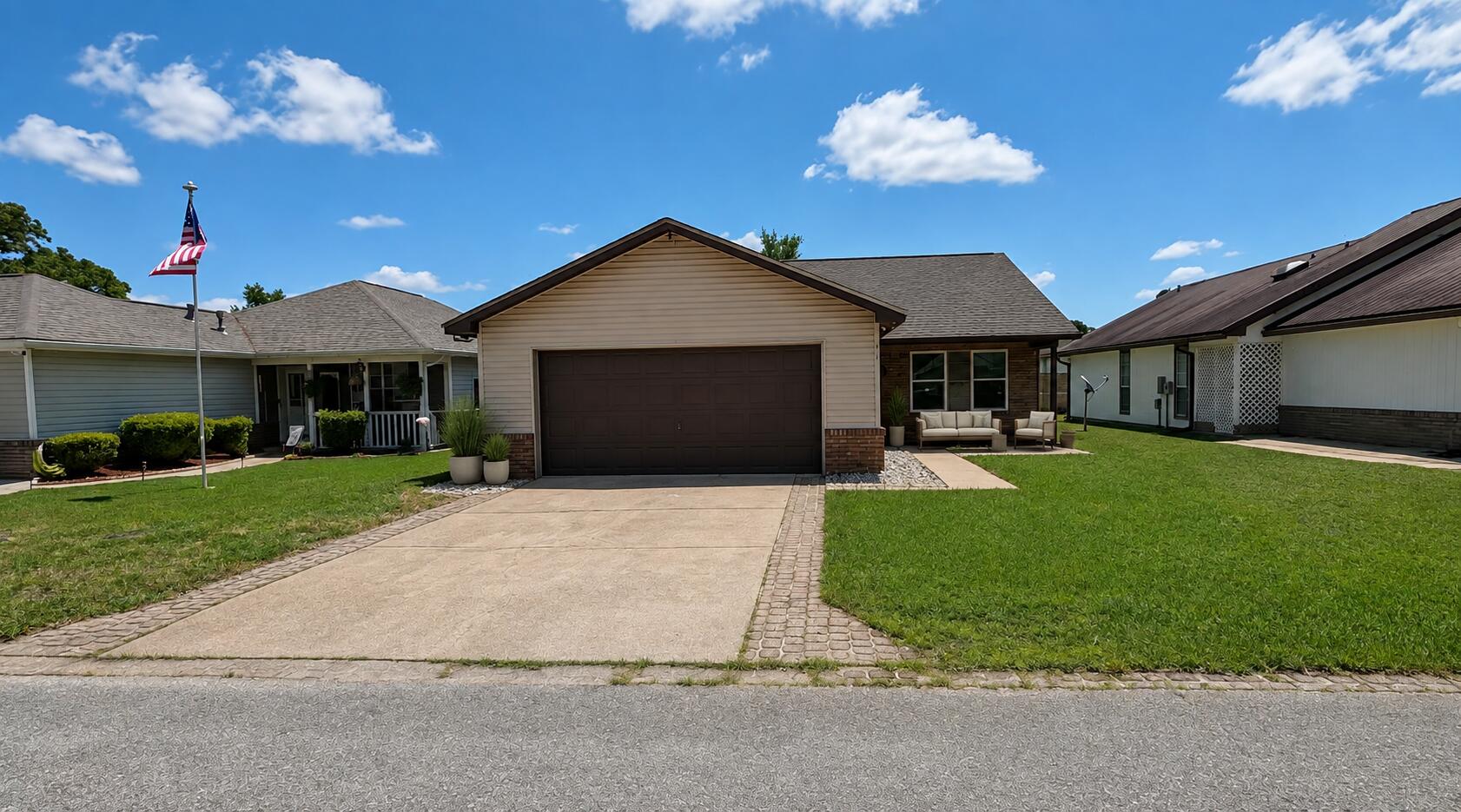 ASSUMABLE VA LOAN AT 3.125% Well-maintained 3-bedroom, 2-bath home conveniently located in the heart of Fort Walton Beach. With quick access to Eglin AFB, Hurlburt Field, Duke Field, shopping, dining, and local beaches, this move-in-ready property is an excellent opportunity for first-time homebuyers, investors, or those looking to downsize.  Inside, you'll find fresh interior paint, updated flooring in select areas, and an open living and dining layout with bamboo flooring filled with natural light. The kitchen offers stainless steel appliances, ample cabinet space, and a functional layout that flows into the main living area for comfortable everyday living.  The primary suite features coffered ceilings, wood-look vinyl flooring, and unique one-way glass French doors, along with an ensuite bath with dual vanities. Additional highlights include a brand-new roof, recessed lighting, an oversized garage with built-in shelving and workspace, and a partially fenced backyard with patio space for relaxing or entertaining. Security cameras, washer, and dryer will also convey.  NO HOA and NO flood insurance required. Combined with the rare assumable VA loan opportunity, this home offers outstanding value and affordability in today's market. Schedule your private showing today!