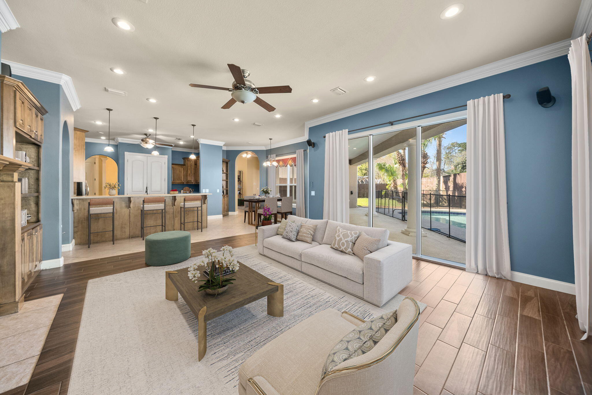 Under contract with 72-hour kick out clause. Step into one of the largest homes in highly desirable Palm Bay community that is positioned perfectly on a cul-de-sac in this single-level home with a private pool, 4 bedrooms, 3 full baths, home office, multiple living areas and an extended garage! This home has been well-maintained and offers over 2,800 square feet and is just 10 minutes from the World's Most Beautiful Beaches. 

As you step inside, you're greeted with 14 foot ceilings and a home office with glass French doors. A formal living room and dining room also feature soaring ceilings with incredible views of the private pool and covered patio. The family room, kitchen and breakfast dining area are just off the living room and are accessible to the pool and patio. The kitchen features solid wood cabinetry, center island and a large pantry. Ample counter space and a breakfast bar is great for entertaining and is open to the breakfast nook and family room. The family room features tons of natural light and built-ins with a fireplace. The three guest bedrooms and two guest baths are easily accessible from the family room while the split floor plan is highly desirable where the primary suite is located off the formal living room. 

The primary suite offers a tray ceiling, French doors to the patio, lots of natural light, dual walk-in closets, soaking tub, walk-in shower and dual vanities with solid wood cabinetry. The high ceilings in this single-level home are incredible! 

The quality construction paired with a 2-car garage is great at the beach and even better...an extended garage with roll-up garage door for golf cart, ice machine, toys and more!! In Palm Bay, you're just minutes from dining, shopping and entertaining on Panama City Beach. The Florida lifestyle is perfected with a private pool on a cul-de-sac homesite giving a spacious yard and privacy. Make Palm Bay your home today!