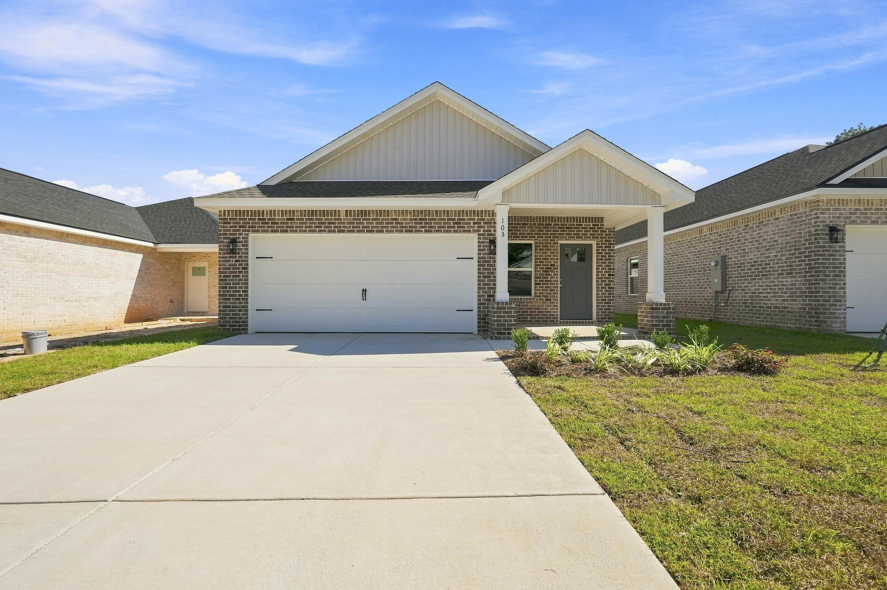 BRAND NEW 'HARPER' FLOOR PLAN - READY NOW-Conveniently located with easy access to Highway 90 East or West-1 cul-de-sac street small subdivision.  
$20,000 TOWARDS CLOSING COSTS - MUST CLOSE BY OCT 30 (With builder preferred lender only).  All brick construction w/finished 2-car-garage and fully landscaped yard.  Large foyer area opens to raised ceiling dining/kitchen/family room.  Kitchen has oversized quartz work island with bar seating, pantry + white shaker style cabinets, family room overlooks covered porch for relaxing.  Split bedroom design with owner's bath featuring his/her vanity areas, linen storage, shower only & walk-in closet.  Additional bedrooms have walk-in closets as well.  Recessed lighting, luxury vinyl plank flooring throughout, ceiling fans in all bedrooms & family room.  Rear porch for relaxing.  Call to see today!