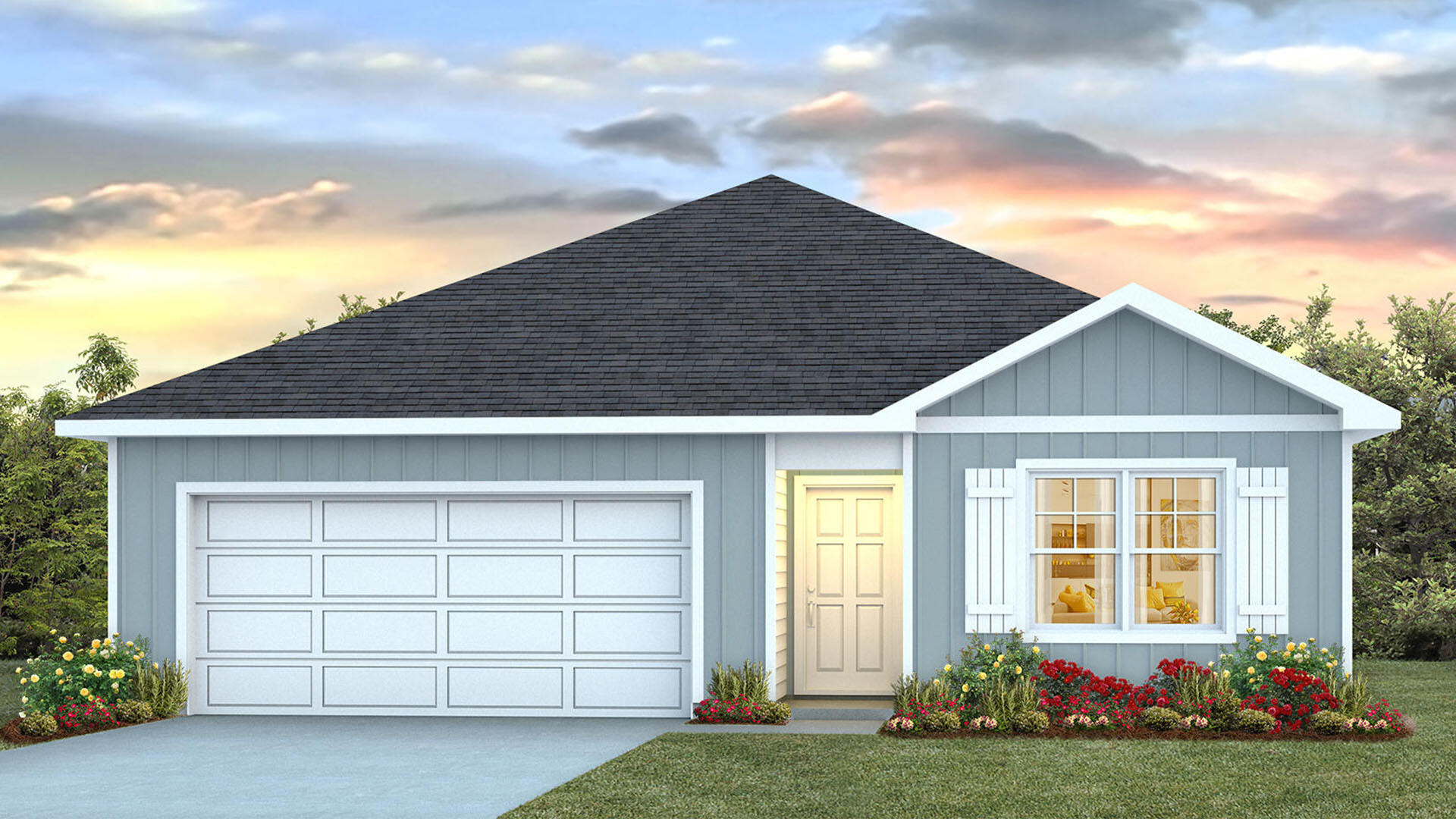 Welcome to 162 Dockside Road, a new home under construction at Magnolia at the Bluffs Phase 3 in Freeport, Florida. As you enter through the covered front porch, you find an inviting foyer EVP flooring leading to the primary bedroom, complete with carpet, a spacious closet, and an ensuite bathroom that has dual sink vanity, granite countertops, and an oversized shower.  Continuing through the foyer you will find yourself at the heart of the home that has an open concept living area filled with natural light, enhancing the living space. The kitchen is open to the living and dining areas, creating a comfortable living space for family and guests. A center island and ample counter space with granite countertops complete the kitchen as well as upper and lower cabinetry.