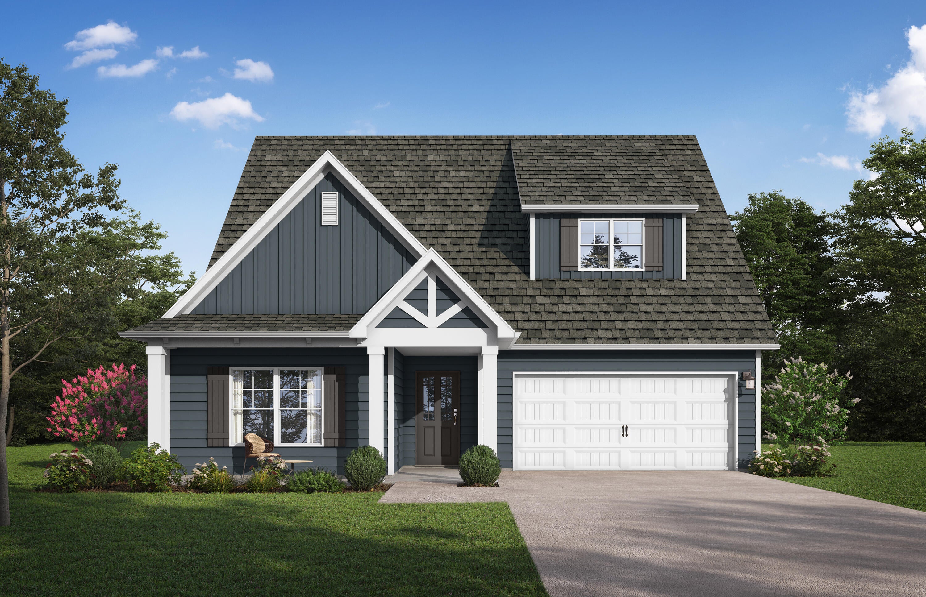 The Kimbrell II offers stylish, easy living with an open layout perfect for entertaining. Step into a tray-ceiling foyer that leads to a bright kitchen with a quartz island and a dining area opening to a covered back porch for effortless indoor-outdoor flow. The private primary suite features a tray ceiling, dual-vanity bath, and walk-in closet with laundry access. Two additional main-level bedrooms share a full bath, while the large upstairs bedroom offers flexible use. A two-car garage provides added storage. Photos/videos are of a similar home; options and upgrades may vary.