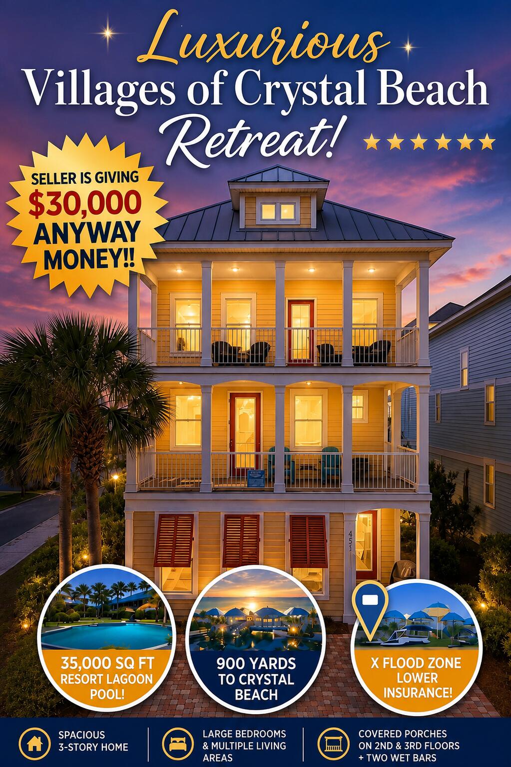 Luxury Meets Investment Opportunity in Crystal Beach! Proven Rental Revenue of $65,000-$105,000 Based on Actual Historical Performance. Whether you're looking for a high-performing vacation rental, a second home, or a primary residence near the beach, this exceptional property offers incredible income potential. Seller is offering $30,000 in flexible buyer credits that may be used toward closing costs, an interest rate buy-down, renovations, furnishings, or personalized updates (subject to lender approval), making this an outstanding opportunity to maximize both value and cash flow. Located in the highly desirable Villages of Crystal Beach, this spacious home combines luxury, location, and proven investment performance just minutes from the sugar-white sands and emerald waters of Destin. Welcome to 4551 Grand Key Loop, located in the highly sought-after gated community of Villages of Crystal Beach in Destin, Florida. Featuring the largest three-story floor plan in the neighborhood with approximately 2,890 square feet, this spacious home offers exceptional value and endless potential just minutes from the sugar white sands and emerald green waters of the Gulf Coast. Opportunities to own one of the largest homes in Crystal Beach with this level of buyer incentive are rare.Designed for both entertaining and comfortable beach living, the home features soaring 9-foot ceilings, oversized 8-foot doors, impressive 8-inch baseboards, hardwood flooring, and 12x12 porcelain tile throughout the main living spaces. The open concept floor plan offers expansive gathering areas, oversized bedrooms, multiple living spaces and covered porches on both the second and third floors creating the perfect setting for hosting family and guests after a day at the beach. The kitchen is equipped with 42-inch raised-panel glazed wood cabinetry, stainless steel appliances, tile backsplash, generous prep space, and ample storage.Additional highlights include two wet bars, including one in the spacious primary suite and another on the third level, along with an iPod-ready three-room sound system that enhances the home's entertainment appeal. Villages of Crystal Beach offers resort-style amenities including a spectacular 35,000-square-foot lagoon pool with waterfalls, zero-entry access, tiki bar, hot tub, grilling area and complimentary beach shuttle service to Crystal Beach located just around 900 yards away. Whether you're searching for a primary residence or vacation home in Destin, this home offers exceptional space, location and potential in one of Destin's most desirable gated beach communities.