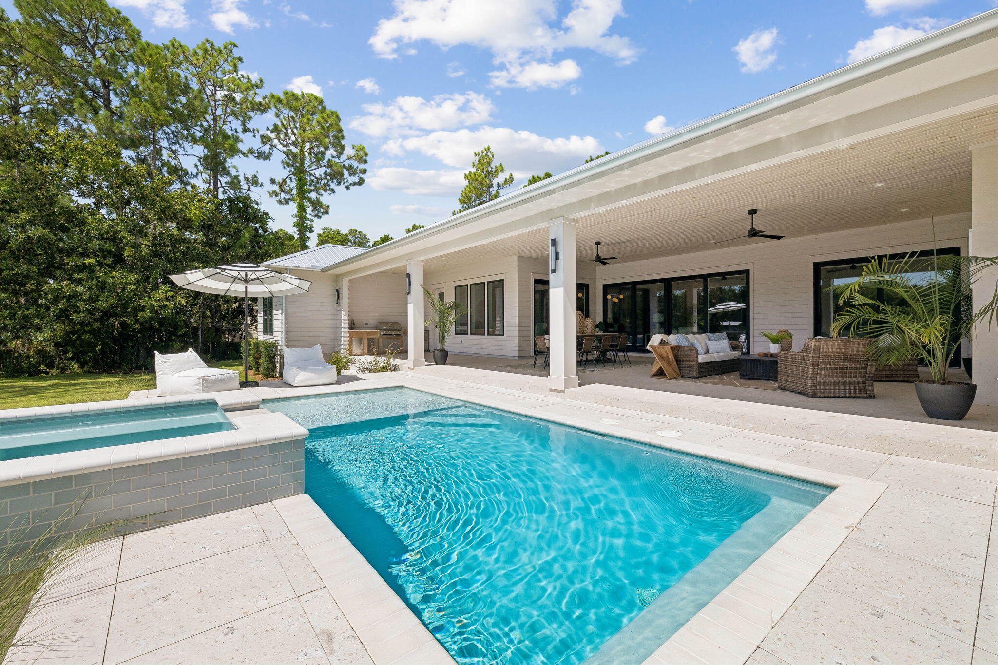 Welcome home to waterfront living on Eden Drive. This brand new, custom single-story home is situated on a private, half acre lot, including 4 bedrooms, 4.5 baths, a 3-car gar-age, boat dock and slip built for boats up to 32ft but with minor adjustments could accommodate a much larger vessel with boat draft access depth of 4ft. Delight in panoramic bayou views as you enter the home into a recessed foyer, the perfect space to feature artwork and welcome guests into your home. Designed with timeless finishes and thoughtful details, this residence features saddle brown stained oak floors throughout. The open concept living room boasts cypress accent coffered ceilings, a gas fireplace, and wet bar with wine and beverage center, creating the ideal entertainment space. Your stunning view is uninterrupted as you continue into the kitchen, showcasing an expansive Taj Mahal granite waterfall island with porcelain apron sink and antique gold bridge faucet. Preparing meals in this kitchen won't be a chore with a Butler's Pantry, Cafe 6-burner gas stove and double refrigerator/freezer. Just adjacent to the kitchen is a dedicated office space and additional storage with built-in desk and shelving. Step through full glass sliding doors to an expansive outdoor retreat. Enjoy your summer days and nights in your own backyard -- complete with covered patio, gas fireplace, outdoor kitchen, pool with sundeck and hot tub, firepit, and a private dock and boathouse. With direct, deep water access to the Intracoastal waterway and Choctawhatchee Bay, whether you plan to boat to dinner at The Bay or North Beach, or explore further to Destin Harbor and Crab Island, your boating options are endless right from your dock. The waterside master suite includes his and her closets, a soaking tub, and double shower for spa-like comfort. The three additional bedrooms offer ensuite bathrooms with custom tile finishes. The exterior of the home features artisan board siding, stucco accents, full glass steel front doors, and gas lanterns, portraying elevated Southern charm with modern luxury in Point Washington.