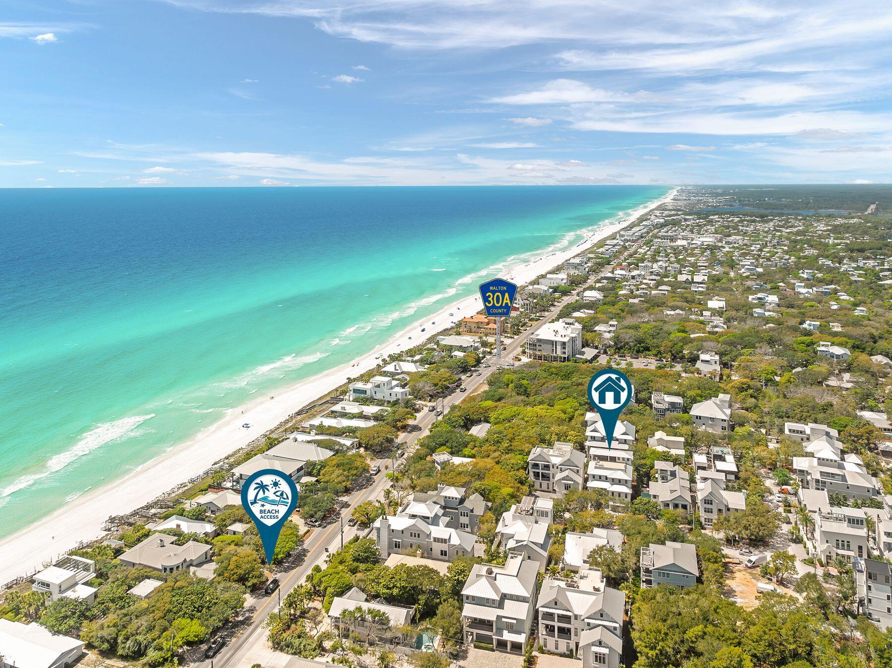 Discover 57 Azalea Street, an exceptional coastal getaway nestled in the heart of Old Seagrove. Just a short stroll -- only 250 steps -- separates you from two convenient public beach access points, making it easy to enjoy the sugar-white sands and emerald waters. This impressive residence is designed for upscale beachside living, offering eight spacious bedrooms and eight-and-a-half bathrooms. Outdoor amenities rival those of a private resort, featuring a sparkling pool, hot tub, fully equipped outdoor kitchen, dining space, bar area, and a rooftop deck with sweeping gulf views. Inside, you'll also find a game room and the added convenience of a private elevator. The first floor is dedicated to entertainment and relaxation, with a generous game room perfect for gatherings. This level also includes a guest suite with its own bathroom, along with a bunk room outfitted with three queen-over-queen bunks and access to a shared bath.

Upstairs on the second level, the main living area blends sophistication with comfort. The chef's kitchen is outfitted with premium stainless steel appliances, custom cabinetry, and a large marble island ideal for hosting. Just beyond, a spacious terrace overlooks the pool and spa, offering a serene setting day or night. The primary suite on this level provides a peaceful retreat, complete with a king bed and a spa-inspired bathroom featuring a soaking tub, oversized walk-in shower, and dual vanities. Additional sleeping space is available with built-in twin-over-twin bunks.

The third floor is thoughtfully designed to provide privacy for guests, featuring another primary suite with a luxurious bath, three additional bedrooms, each with an ensuite bathroom, and a bedroom with two twin beds and its own bath.

Cap off each evening on the rooftop deck, where you can unwind with a drink and take in breathtaking sunset views over the gulf. With its blend of refined design, modern amenities, and prime location, this stunning beach home delivers an unforgettable coastal living experience.