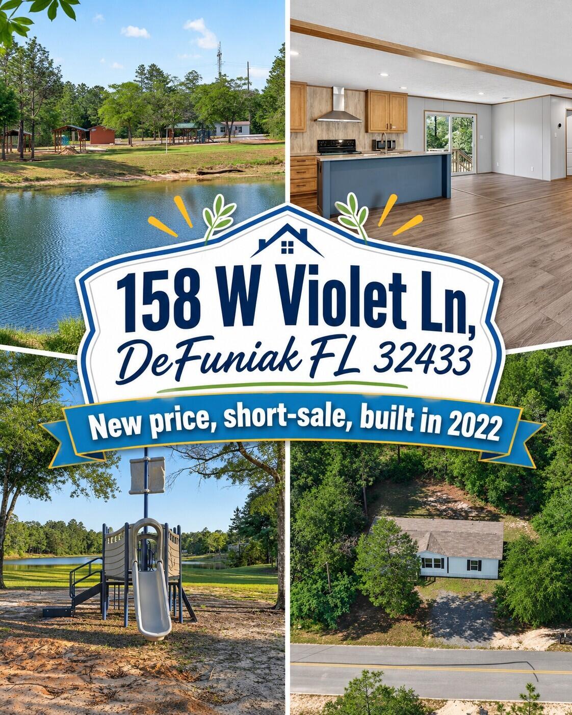 Short-sale opportunity! This is your chance to own a beautiful home in DeFuniak Springs, ideally located directly across the street from Beaver Dam Park--a waterfront park featuring picnic areas, benches, restrooms, and recreational spaces, making outdoor enjoyment part of your everyday lifestyle. Built in 2022, this manufactured home offers 3 bedrooms, 2 bathrooms, and 1,512 square feet of thoughtfully designed living space on a .23-acre wooded homesite. Inside, the open-concept floor plan creates a seamless flow between the living, dining, and kitchen areas. The spacious kitchen features a large island, perfect for gathering with family and friends. New vinyl plank flooring has been installed in the dining area, guest bathroom, and two bedrooms, while Lux Low E thermo-pane windows fill the home with natural light and fold down for easy cleaning. Conveniently located between DeFuniak Springs and Crestview, the property provides easy access to shopping, dining, schools, and major employers. Eglin Air Force Base is approximately 45 minutes away, and the white-sand beaches of Florida's Emerald Coast are close enough for an easy day trip. With no HOA and minimal restrictions, this property offers flexibility for first-time buyers, military buyers, or anyone looking for space, comfort, and convenience in a peaceful setting. Schedule your private showing today!