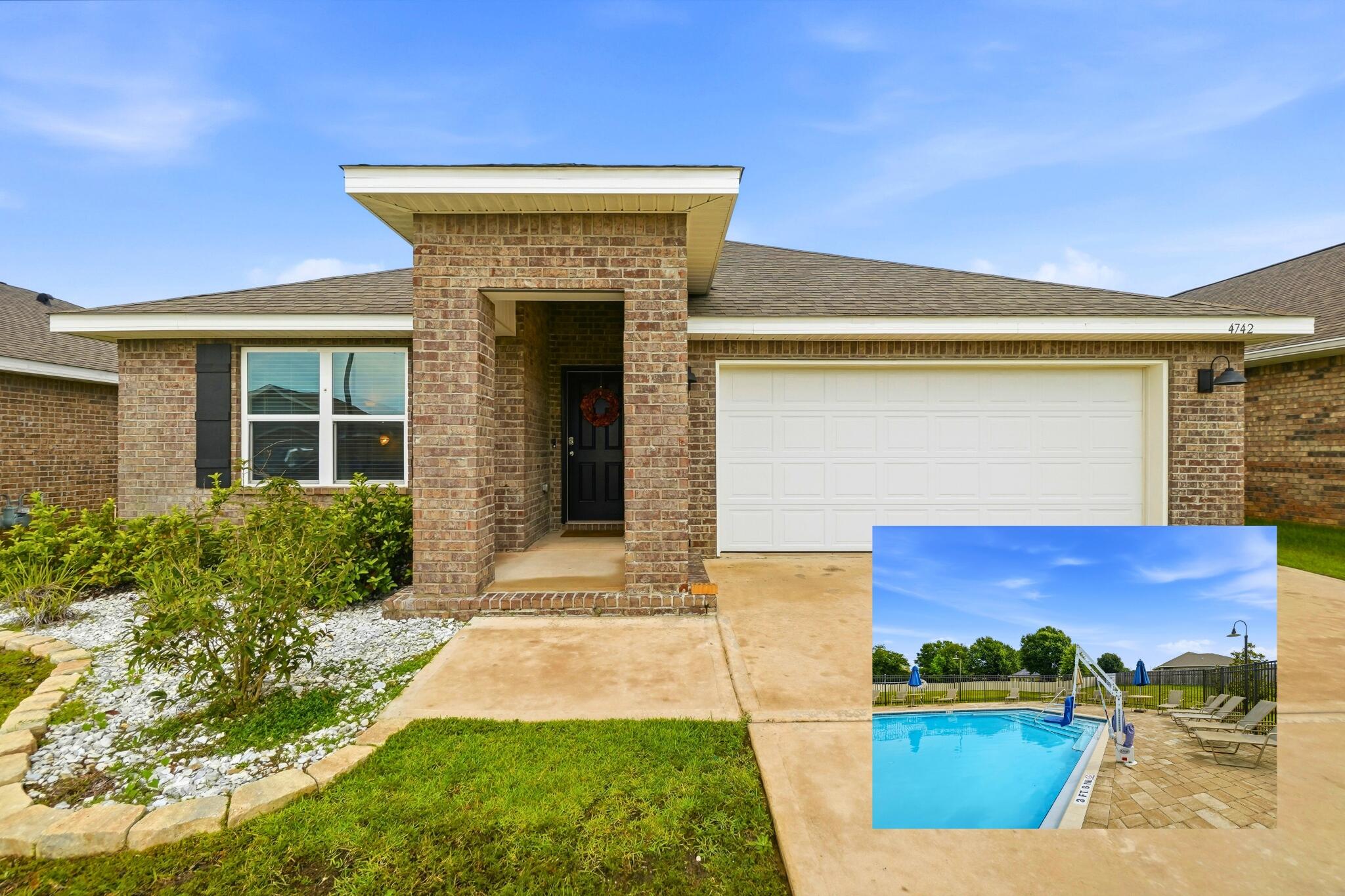 Welcome home to this impeccably maintained 'Cali' floor plan that shows like a model home with great extras! *4.99% VA assumable loan option!* Located in south Crestview's Patriot Ridge community featuring a resort-style pool, cabana, sidewalks & underground utilities. Since construction, the owners have thoughtfully enhanced the property with a screened-in covered patio, extended patio entertaining area complete with bistro lighting, raised garden beds, sprinkler system & a fully fenced backyard - creating the perfect outdoor retreat! Inside, you'll find a spacious 4 bedroom, 2 bath open-concept design ideal for everyday living and entertaining. The well-appointed kitchen features quartz counters, stainless steel appliances, & a large center island with breakfast bar seating. Attractive wood-look LVP flooring flows throughout the main living areas, while the bedrooms offer the comfort of plush carpeting. The master bedroom suite includes a generous walk-in closet, linen storage, dual vanities w/quartz countertop & a spacious step-in shower. With its thoughtful upgrades, functional layout, & desirable community amenities, this better-than-new home is ready for its next owners to enjoy. Schedule to see today!