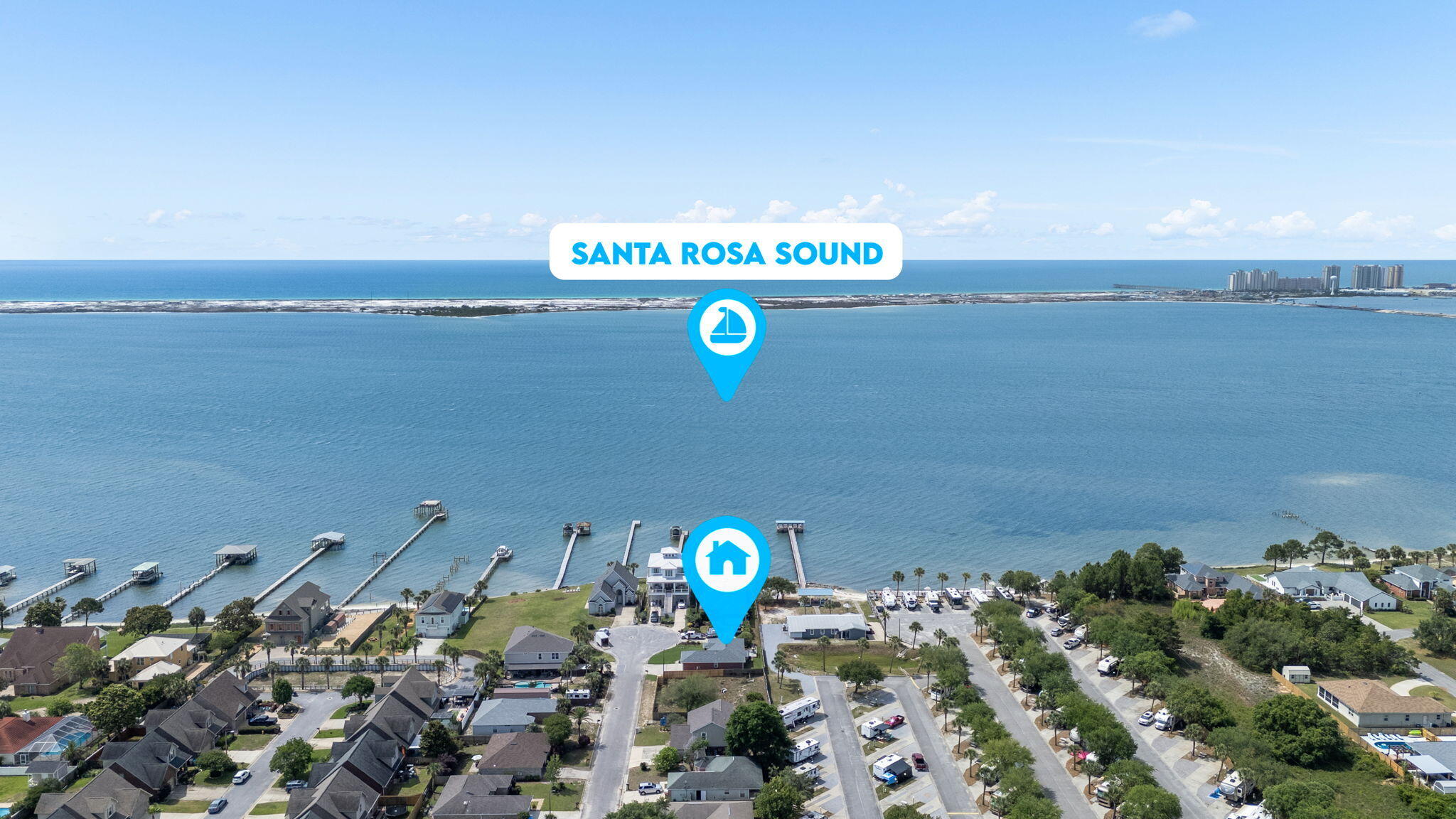 Welcome to your own slice of paradise in the sought-after Sandy Dunes community! Tucked away at the end of a quiet cul-de-sac just East of the Navarre Beach Bridge, this recently updated 3-bedroom, 2-bath home offers 1,456 square feet of coastal living just steps from the sparkling waters of the Santa Rosa Sound. One of the home's most desirable features is its deeded Sound views & access. Step off your back deck and within moments you will be at the water's edge, where you can enjoy kayaking, paddle boarding, fishing, or simply relax while taking in breathtaking panoramic views across the Santa Rosa Sound to Santa Rosa Island. End each day with unforgettable sunsets and peaceful evenings by the water. Inside, you'll find a bright, inviting interior with fresh paint throughout and gorgeous luxury vinyl plank flooring. The open floor plan offers comfortable living and entertaining spaces filled with natural light. Enjoy peace of mind with major updates already completed, including a new roof (2020), HVAC system (2022), and water heater (2021). Whether you're searching for a full-time residence, vacation getaway, or investment opportunity, this home offers the perfect blend of modern updates, coastal charm, and an exceptional waterfront lifestyle just minutes from Navarre Beach, shopping, dining, and local attractions.