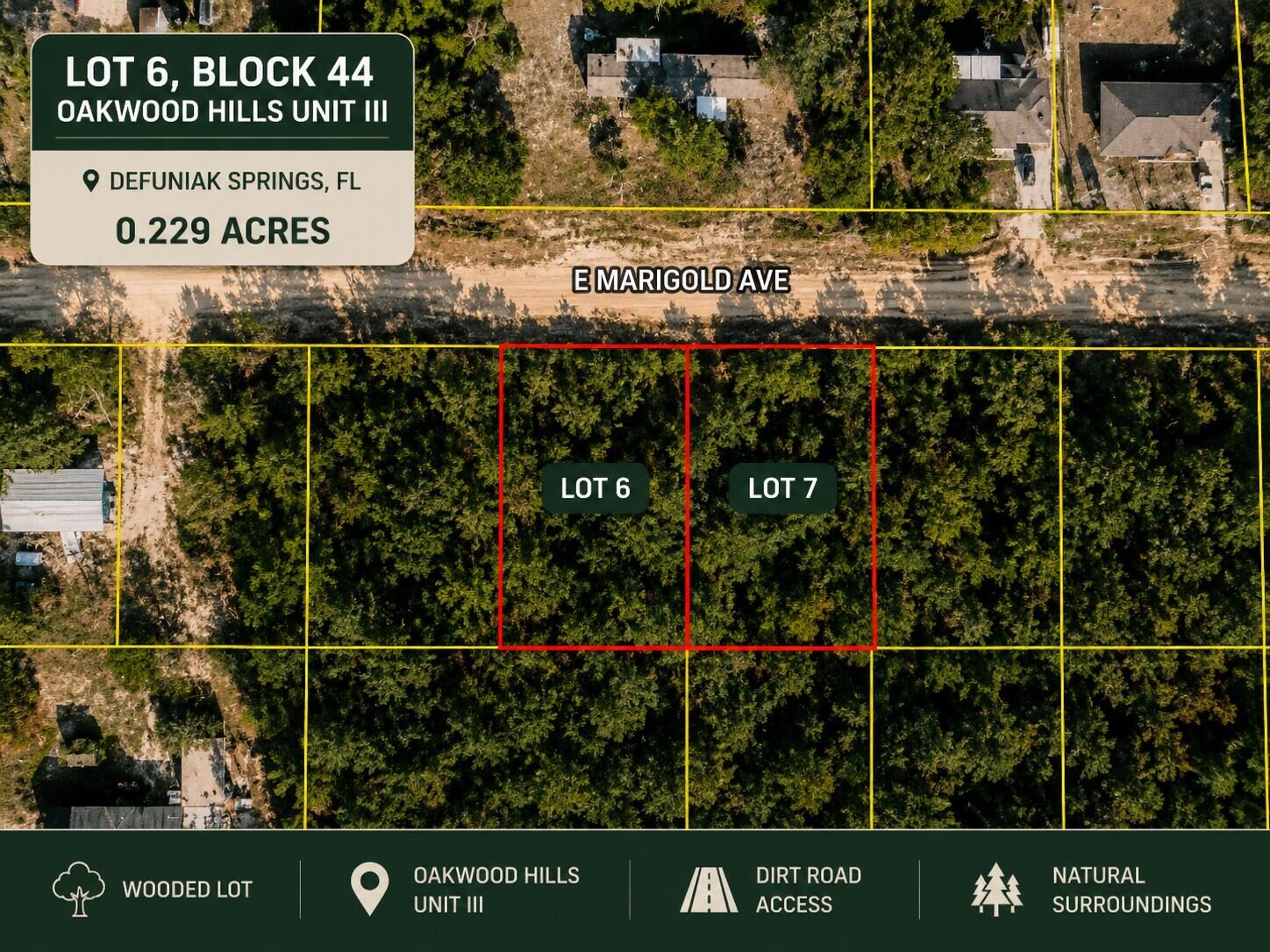 BACK ON THE MARKET-Previous buyer unable to complete the purchase. 

Own a piece of Northwest Florida on E Marigold Avenue! Located in the Oakwood Hills area of DeFuniak Springs, this vacant lot offers an affordable opportunity to invest in land and consider future plans for a small home, traditional residence, or manufactured/mobile home, subject to all applicable approvals. There are 15 lots available that can be sold separately or together.

Historic downtown DeFuniak Springs is approximately 9 miles away, where beautiful Lake DeFuniak is surrounded by an approximately 1.2-mile paved walking trail. Enjoy the pier, amphitheater, small-town comfort food, and Walton County Heritage Museum. Shopping, schools, and gas stations are nearby. Starbucks, Walmart Supercenter, and HCA Florida Twin Cities Hospital are approximately 10 minutes away. A chance to buy affordable land today and explore the possibilities for the future. Buyer to verify all information important to buyer. Seller has several lots of land in Oakwood Hills and can sell lots together or separately. CHELCO and Mossy Head Water Works are confirmed service providers for the area. No HOA.