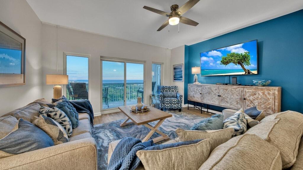 Perched high above the stunning natural landscape of Topsail Hill Preserve State Park, this unit offers some of the most spectacular views along Florida's Emerald Coast. From two private balconies, the spacious living area, and both primary suites, enjoy sweeping panoramas of coastal dune lakes, protected forests, abundant wildlife, and miles of pristine shoreline.
Designed with elegant coastal-chic décor, the three-bedroom floor plan features two spacious primary suites with ensuite baths, including one with a separate shower and Jacuzzi tub. A third bedroom with two full-size beds provides plenty of space for family and guests.
Located within the gated Tops'l Resort community, owners enjoy access to the Summit's private pool and hot tub, along with convenient beach access just a short walk away.
Whether you're looking for a primary residence, vacation home, or investment property, Endless Views Summit 906 offers luxury, comfort, and some of the most spectacular views on the Emerald Coast.