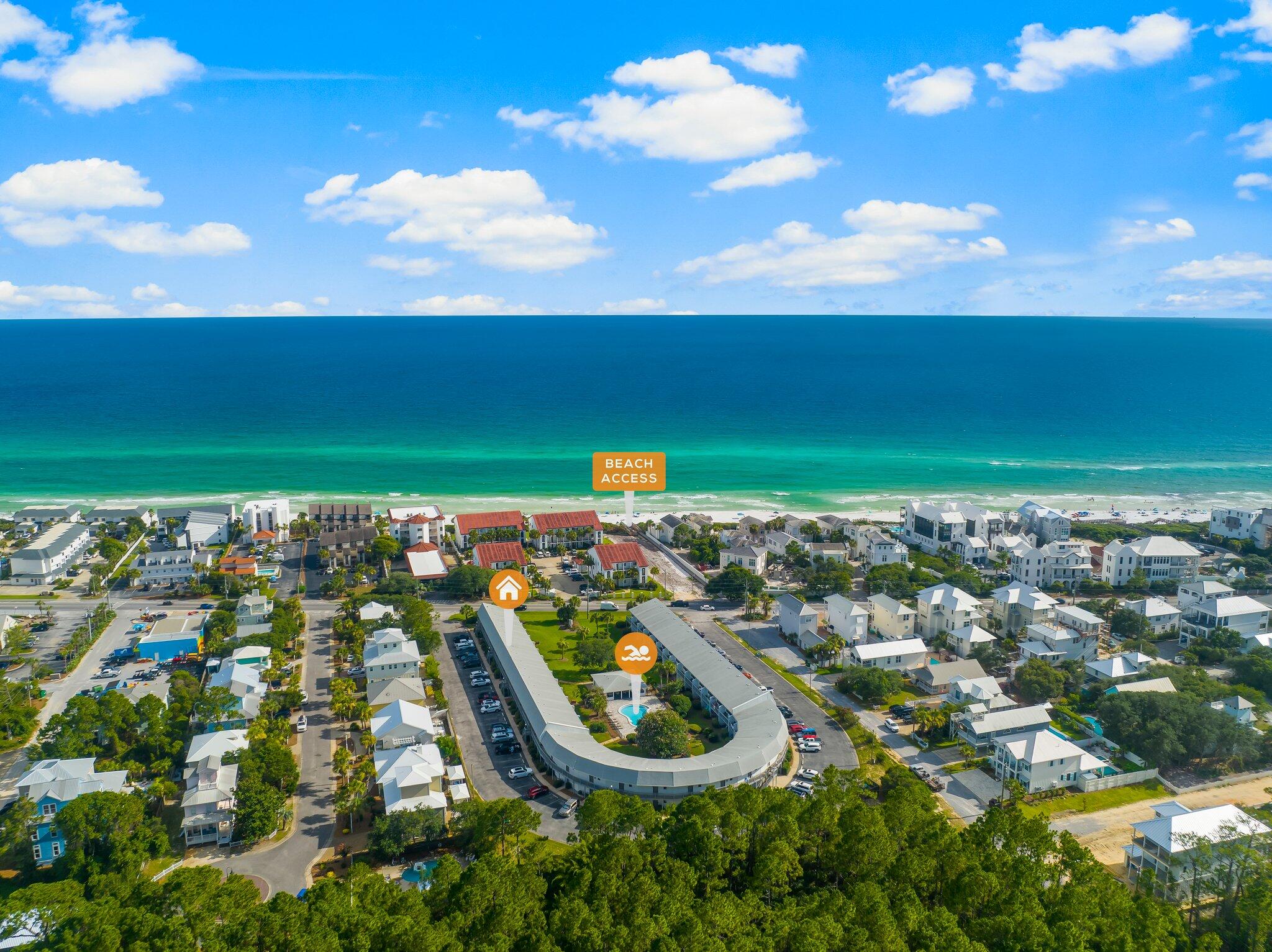 Hidden Beach Villas is the Perfect  Affordable Vacation spot & a short term rental opportunity on 30A. Unit 139 is a popular 1st floor Airbnb/Vrbo condo. Ground floor means No Steps, No Elevator-wait time. Beach access directly across the street (approx. 100 feet) - perfectly positioned for beach goers seeking convenience and coastal charm. Inside, the condo features tile flooring, granite countertops, full kitchen, a king bed, bunks and a cozy living room, providing both comfort and functionality. Light Coastal Decor for easy maintenance the unit is turnkey-ready while still offering room to add value over time. Step out onto your private patio overlooking the courtyard and pool area, a great spot to enjoy afternoon sun and coastal breezes.
Prime Location! Nestled in the heart of Seagrove Beach, you're just a short stroll or bike ride to Seaside Town Center, with variety of boutique shopping, dining, and the popular Amphitheater with variety of events year round. The beach access right across the street makes this unit attractive for beach goers and a rare find for investors. Surrounded by multi million dollar properties Hidden Beach Villas is a true affordable and unique opportunity to own and experience 30A lifestyle. Whether searching for an established income property or an entry-level investment with healthy returns, this studio delivers all. Schedule your private showing today. Buyer and Buyers agent to verify all details!