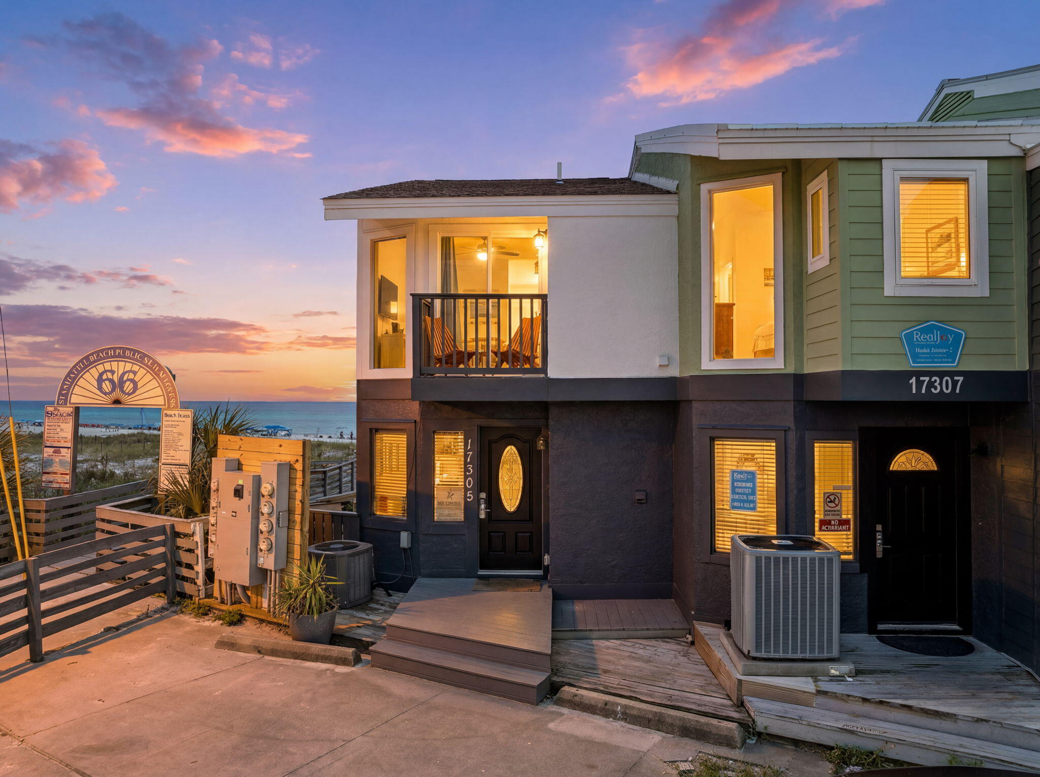 Blue Surf Townhomes is positioned on the west end of Panama City Beach near the South Walton line, offering a rare beachfront end-unit opportunity with direct Gulf access. This 2BR/2BA residence sits on a generous beachfront lot with unobstructed water views and immediate access to the sand from a private elevated deck and stairway leading directly to the Gulf.

The interior has been thoughtfully updated with an open-concept kitchen, granite countertops, upgraded cabinetry, and refreshed flooring throughout. Large wall-to-wall windows maximize natural light and frame panoramic Gulf views from the main living areas. Both bedrooms are located on the second level, each with balcony access and coastal views, complemented by a shared full bath.

Recent improvements include a new roof, updated flooring, fresh interior paint, and enhanced exterior concrete parking area. The property also benefits from ample on-site parking and a low-maintenance coastal layout.

With no HOA restrictions and strong short-term rental potential, this property offers flexibility as a primary residence, second home, or income-producing investment in one of the most desirable stretches of the Emerald Coast. Its proximity to Pier Park, 30A, Northwest Florida Beaches International Airport, and surrounding dining and entertainment further enhances its long-term appeal.

A true beachfront offering with limited comparable inventory--rarely available and highly sought after for both lifestyle and investment use.