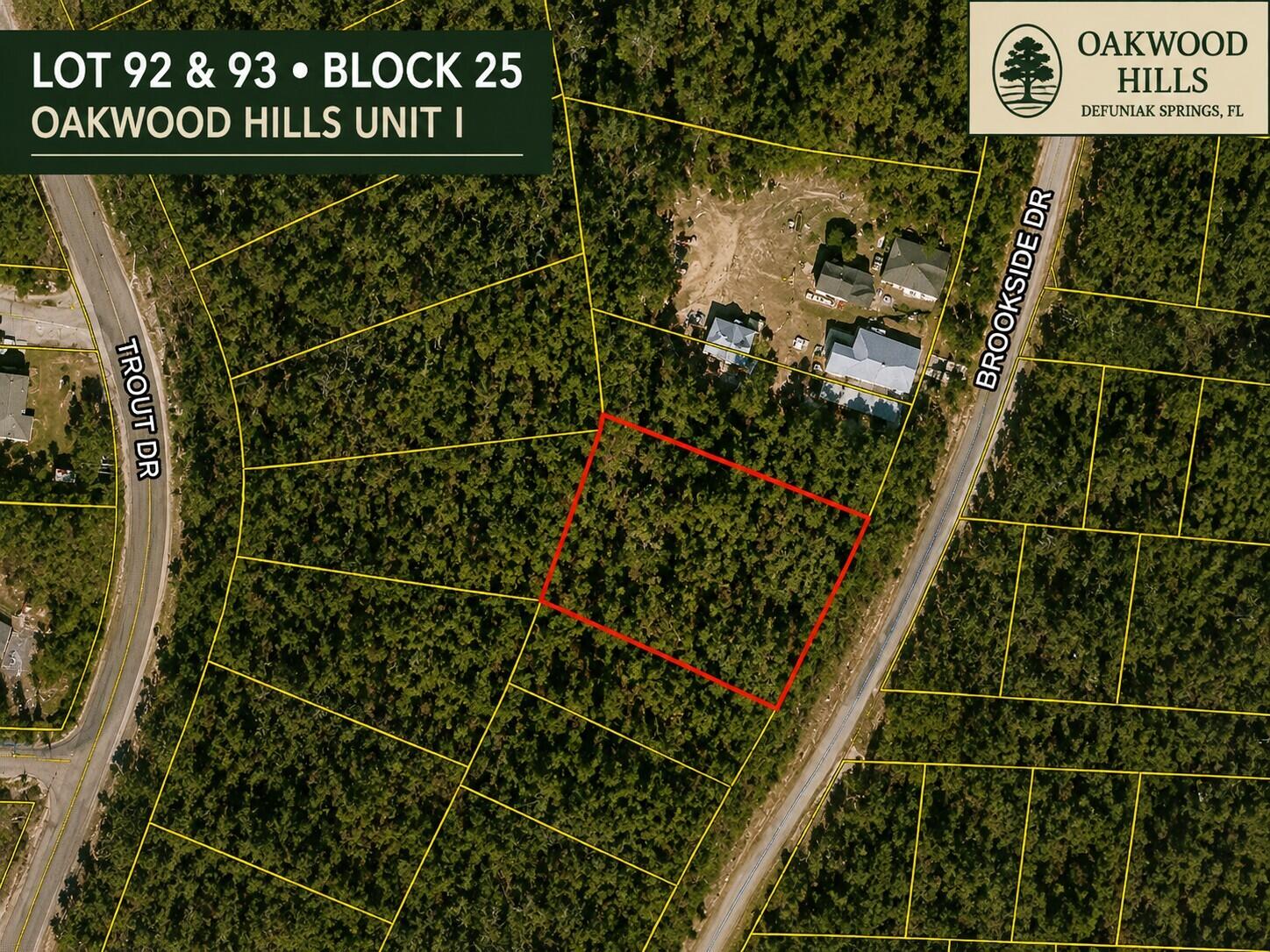 BACK ON THE MARKET-Previous buyer unable to complete the purchase. 

An affordable land opportunity awaits on Brookside Drive! Located in the Oakwood Hills area of DeFuniak Springs, this vacant lot may offer future possibilities for a homesite, smaller home, or manufactured/mobile home, subject to zoning, permitting, utilities, access, and site suitability. There are 15 lots available that can be sold separately or together.

Approximately 9 miles away, historic downtown DeFuniak Springs offers a unique small-town atmosphere centered around beautiful Lake DeFuniak. Enjoy the approximately 1.2-mile paved walking trail surrounding the lake, along with a pier, amphitheater, local comfort food, and the Walton County Heritage Museum.

Nearby conveniences include shopping, local schools, and gas stations. Starbucks, Walmart Supercenter, and HCA Florida Twin Cities Hospital are approximately 10 minutes away. A great opportunity to own land and explore what the future could hold. Buyer to verify all information important to buyer. CHELCO and Mossy Head Water Works confirmed as service providers for this area. Lots 92 and 93 may be sold together or separately. No HOA.