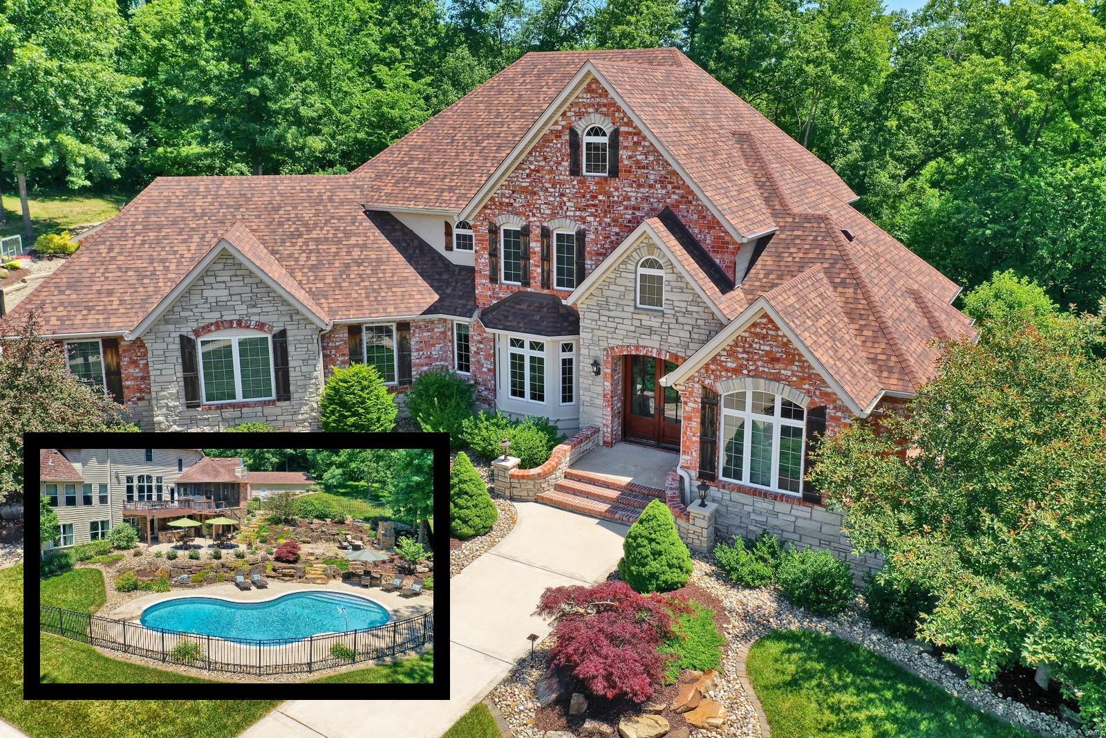 Elegance and luxury are showcased in this home. As you enter you will be greeted by custom doors that open to a 2 story foyer with a grand walnut staircase & triple crown molding. The great room features arched openings, 12ft custom beamed ceiling & floor to ceiling windows with a spectacular view. The kitchen is 100% custom with a prep island, serving bar, two-tone cherry wood cabinets, professional grade paneled appliances & premium grade granite counters. An archway opens the kitchen to a light filled hearth room with vaulted ceiling & beams. An elegant master suite features 12ft coffered ceiling, triple crown molding and has a mstr bath with his/her vanities & closets.  The 2nd floor has 3 beds, each w/custom wainscoting, 2 full baths & laundry room. A walk-out lower level includes bar with fridge, dishwasher & beer tap, spacious family room, full bath and bedroom/office. A backyard oasis includes 3 tiered stamped/stone patios, outside bar w/appliances & a stunning pool.