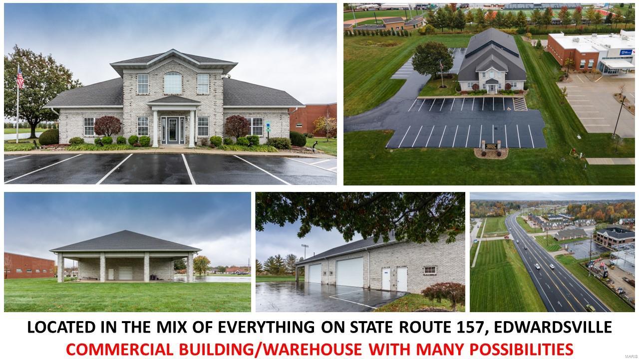 SAME GREAT PROPERTY, ONLY THE PRICE TAG HAS CHANGED.  OFFICE/ WAREHOUSE/ DISTRIBUTION -NUMEROUS COMMERICIAL POSSIBILITES.: NEW ROOF INSTALLED AUG.2024.  Check out this 7190 sq ft building comprised of 2429 sq ft of office space and 3776 sq ft of warehouse space nestled on a 1.28-acre lot in the thick of all the growth occurring on State Route 157, Edwardsville. Over 205' of frontage along the heavy traffic count of over 19,900 vehicles/day. A full brick exterior, 47 parking spaces (possible to add more) & high-quality interior finishes makes this an excellent business environment. Inside: A front reception area, interior offices, a sound-proof conference room, break room & an upper-level lounge quarter. The enormous warehouse features 2 over-sized doors (18'), 1- 9' garage door, vaulted ceilings, & thick concrete flooring for heavy equipment.The exterior features a 22x59 covered patio/car port, monument signage, professional landscape & ample green space. Seller is firm on this price. Location: High Traffic
