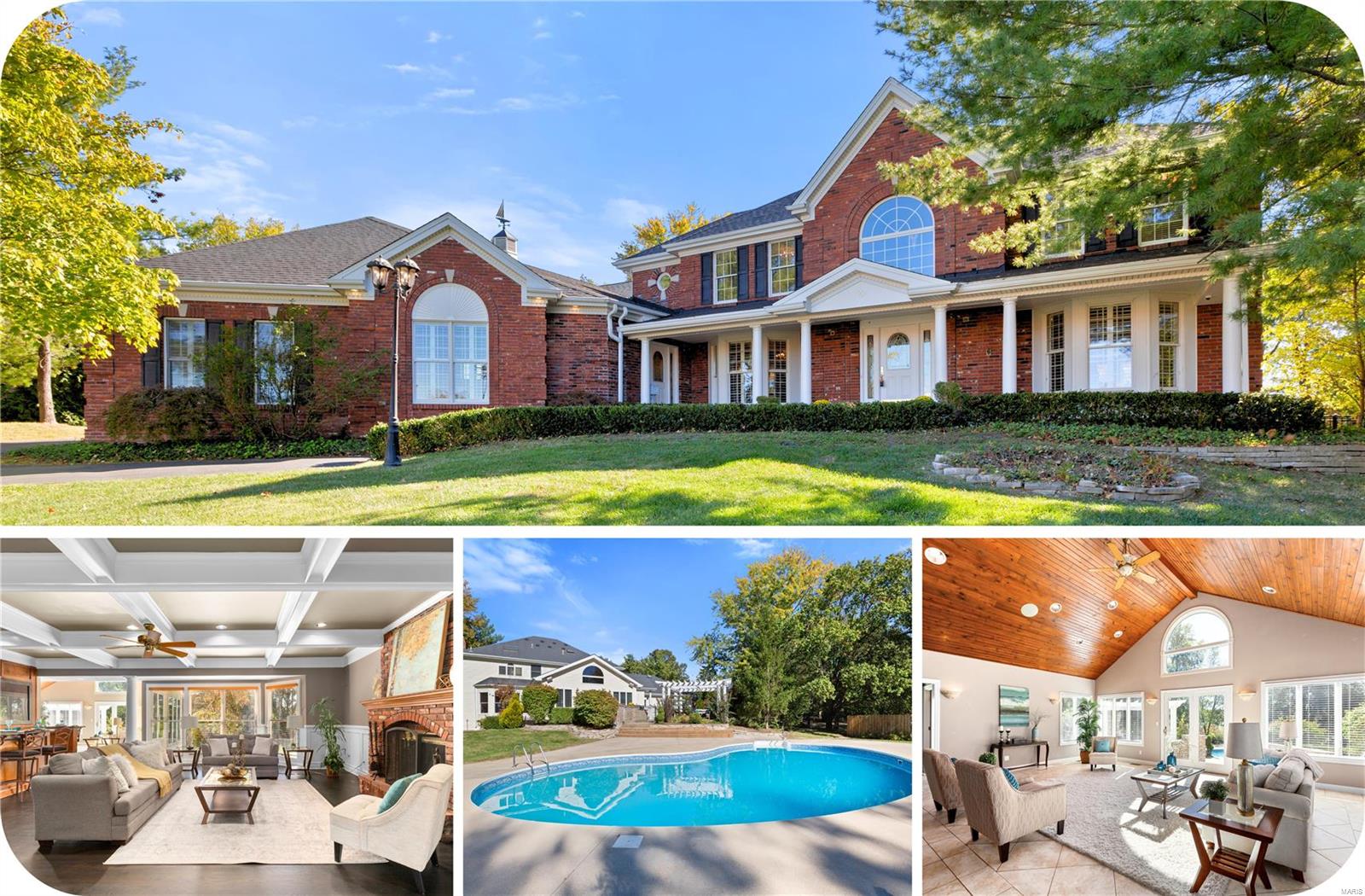 Elegant 1.5 sty loaded with beautiful wood floors flowing through the main floor, custom woodwork, crown/dental molding, chair rail, recessed lighting and speaker systems. This home boasts 6 bedrooms (2 master suites), 6 1/2 baths, and 3 floors of luxury living! There are *2* finished basements. An elegant foyer with winding staircase and marble flooring opens to a custom library/den and a formal dining room with coffered ceilings. A spacious family room has a large bar, brick fireplace, bay window and wooden pillars leading out to the sun room with its spectacular vaulted wooden ceiling, palladium windows and tile floors. The kitchen includes solid surface counters, double ovens, gas cooktop, skylight, breakfast room, and desk. The 2nd foyer leads to the main floor master suite addition, and main floor laundry. Upper level has 3 generous bedrooms and the second master suite.  Gorgeous outdoor pool with backyard grill and mini refrigerators.  Spacious 3 car garage. Additional Rooms: Sun Room