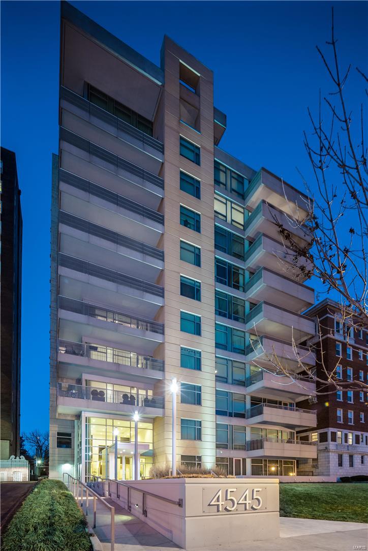 Exceptional and rare offering in Central West End's contemporary 4545 Lindell Boulevard. An upscale experience of private elevator opening directly into owner's private foyer, continuing to an open floorplan. Urban sophistication in an expansive 3300+SF 8th floor home, with sweeping floor-to-ceiling windows, views facing North, East & West, designer lighting and wood floors.  3 Bedrooms/4 Baths. Master suite w/sweeping covered terrace, extravagant bath and custom organized closet. 2 add'l BRs, each en-suite.  Gourmet kitchen, custom cabinets, rich granite & stainless appliances. The main living area, w/gas FP, is enhanced by a 2nd covered terrace. 2 separate laundries, in-unit. A thoughtfully designed living experience offering full amenities of 24hr doorman, fitness center, party room & Guest Suite. A pulsating lifestyle overflowing with St Louis' most vibrant energy; top restaurants, shops, Straub's, theaters and World Class Forest Park. 2 secured garage spaces. Storage. Location: End Unit, Upper Level