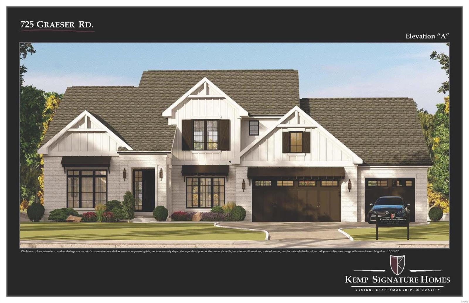 Captivating, Modern Farmhouse front elevation w/white painted brick and black windows, trim accents, & board/batten siding. Construction on this Kemp Signature Home is now under construction. LIMITED OPPORTUNITY to make certain interior finish selections with our designer. Uniquely private lot on a nearly 1 acre lot in Ladue Schools has over 400' of depth lending itself for your oasis/outdoor living imagination. Pool? Organic vegetable garden to make friends w/ your new neighbors? 3 car garage w/ carriage style doors. Main level owner's suite. Great Room w/ 11' ceilings. Open floor plan w/ kitchen & breakfast room opens to vaulted hearth room. Fireplace features wood mantle & ship lap surround. Main floor living space opens to expansive covered deck ideal for entertaining and outdoor grilling. Second floor features 3 en-suite baths + loft included at this price. Option to finish walkout lower level presents a great opportunity for add'l bedroom & living space. Additional Rooms: Mud Room